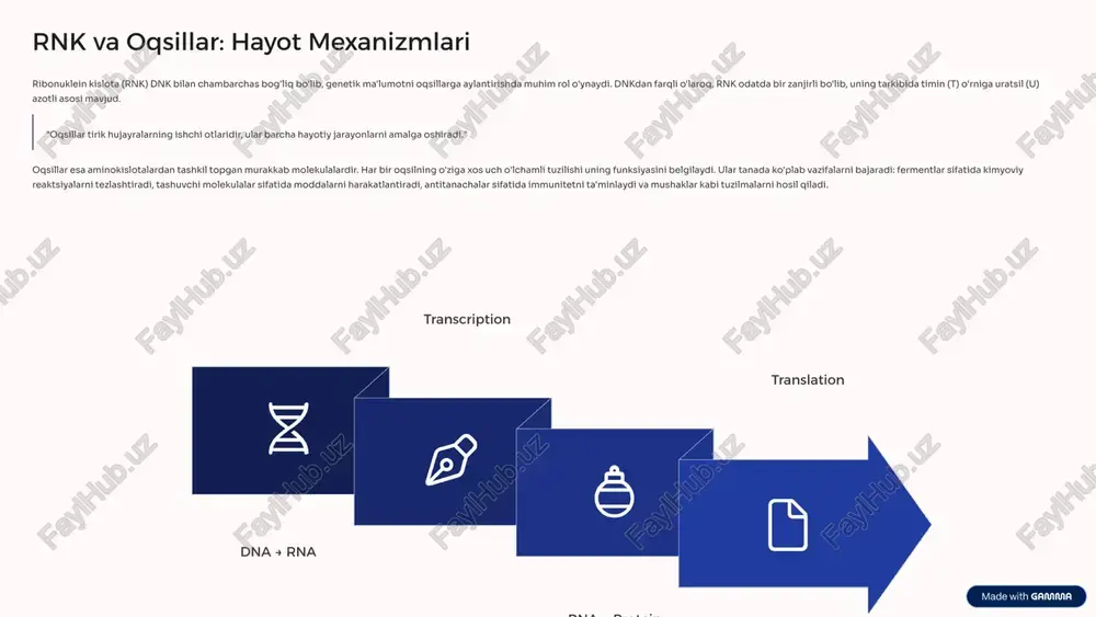 otning molekulyar asoslarini tushunish, kasalliklarning kelib chiqishi va ularni davolash usullarini ishlab chiqishda juda muhimdir. ko'pgina kasalliklar, jumladan saraton, diabet, altsgeymer kasalligi va genetik kasalliklar molekulyar darajadagi buzilishlar natijasida yuzaga keladi. masalan, genetik kasalliklar dnkdagi bitta nukleotidning o'zgarishi (nuqtali mutatsiya) yoki butun genlarning yo'qolishi/qo'shilishi natijasida kelib chiqishi mumkin. saraton kasalligi esa hujayra o'sishi va bo'linishini nazorat qiluvchi genlardagi mutatsiyalar bilan bog'liq. hozirgi kunda molekulyar biologiya usullari yordamida ushbu kasalliklarni aniqlash, ularning patogenezini tushunish va samarali davolash usullarini ishlab chiqish ustida faol ish olib borilmoqda. molekulyar diagnostika va gen terapiyasi kasalliklarni davolashda katta istiqbollarni ochib beradi. 5 kelajak istiqbollari va inqilobiy keshfiyotlar molekulyar biologiya sohasi doimiy rivojlanishda bo'lib, uning kelajagi yanada hayajonli kashfiyotlarga boy. genom tahrirlash texnologiyalari (masalan, crispr-cas9), sintetik biologiya va personalizatsiyalashgan tibbiyot kabi yo'nalishlar tirik tabiatni tushunishimizni va tibbiyot amaliyotini tubdan o'zgartirishi mumkin. genom tahrirlash dnkdagi aniq o'zgarishlar kiritish orqali genetik kasalliklarni davolash imkoniyati. sintetik biologiya yangi biologik tizimlarni …