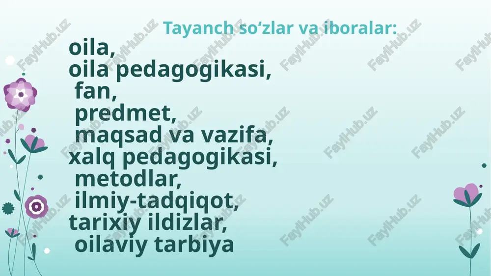 arixi ijtimoiy pedagogika qiyosiy pedagogika pfo'm 3. oila pedagogikasining ilmiy-tadqiqot metodlari 3-topshiriq. oila pedagogikasining ilmiy-tadqiqot metodlari mavzusida 10 daqiqalik esse yozish. pedagogik kuzatish. suhbat metodi. anketa metodi. intervyu metodi. test metodi. pedagogik tajriba metodi. ijtimoiy-pedagogik retrospektiv metod. matematik-statistik metod xulosa demak, oila – hayotning abadiyligini, avlodlarning davomiyligini ta’minlaydigan, muqaddas urf-odatlarimizni saqlaydigan, shu bilan birga, kelajak nasllar qanday inson bo‘lib yetishishiga bevosita ta’sir ko‘rsatadigan tarbiya maskani sanaladi. oilaning yosh avlod tarbiyasida tutgan muhim o‘rni bu muhitda tashkil etiladigan tarbiya mohiyatini o‘rganishni taqozo etadi. shuni alohida ta’kidlab o‘tish joizki, oila tarbiyasini tashkil etishning samarali yo‘llari, ustuvor tamoyillari, shakl, metod va vositalarini o‘rganuvchi fan sifatida “oila pedagogikasi”ning shakllanishi mustaqil hayotga qadam qo‘yayotgan yoshlar, qolaversa, ota-onalarning pedagogik bilimlarini boyitishga xizmat qiladi. o‘z navbatida fan ijtimoiy, gumanitar, hatto, tabiiy fanlar bilan o‘zaro bog‘liqlik hamda aloqadorlikda rivojlanadi. “oila pedagogikasi” fanining istiqboli bevosita oila, oila munosabatlariga oid masalalarda turkum ilmiy tadqiqotlarning amalga oshirilishiga bog‘liq. bu boradagi ilmiy …