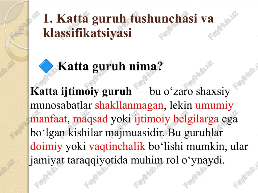 i: shaxsiy nazorat susayadi (inson “men”ini unutadi). sug‘urilish (suggestiya) kuchayadi – boshqalar ta’siriga tez kiradi. mas’uliyat hissi pasayadi – harakatlar ustidan ichki nazorat yo‘qoladi. emotsional yuqish – olomon bir emotsiyaga “yuqadi”. 🔍 gustav lebon: “olomon ichida eng past fikr ustun bo‘ladi, eng kuchli emotsiya esa harakatga aylantiriladi.” olomonning turlari: panikal olomon – qo‘rquv va xavf ta’sirida (masalan, yong‘in paytidagi odamlar). agressiv olomon – qasddan tartibsizlik qiladi (masalan, norozilik namoyishlari). muloqot olomoni – diniy yoki san’at tadbirlari ishtirokchilari. tomoshabin olomoni – sport musobaqalari, konsertlarda. 🎯 hayotiy misol: mashhur konsertda tomoshabinlar to‘satdan sahnaga yugurib chiqadi. har bir odam buni o‘z xohishi bilan qilmaydi – bu olomonning psixologik ta’siri. olomonning tarkibiy a`zolari boshlovchilar olomon ichida unga faqat o‘z «bebosh fe’lini» ko‘rsatib qo‘yish, o‘zining shafqatsizlikdan huzur qiladigan impulslarini chiqarish imkoniyati paydo bo‘lgani tufayligina olomonga qo‘shilgan tajovuzkor shaxslar ayniqsa katta xavf tug‘diradi. guruhiy tartibbuzarlik ishtirokchilari orasida adashganlari ham mavjud.chunki ular vaziyatni xato, adolat prinsipini noto‘g‘ri …