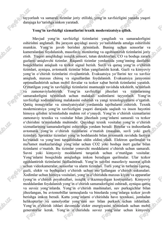 slarni o‘qitish va malakasini oshirish uchun yangi o‘quv dasturlari va treninglar tashkil etilmoqda. bu tizim yordamida yong‘in xavfsizligixizmatlarining samaradorligini oshirishga erishiladi. xodimlarning amaliy ko‘nikmalarini rivojlantirish maqsadida maxsus trening markazlari va simulyatsiyalar tashkil qilinmoqda. aholisi zich va sanoat rivojlangan hududlarda yong‘in xavfsizligini ta'minlash uchun yangi yong‘in xavfsizligi bo‘linmalari tashkil etilmoqda. bu, o‘z navbatida, yong‘inlarni tezda aniqlash va o‘chirish imkonini beradi. hududiy bo‘linmalarni kengaytirish orqali, yong‘in sodir bo‘lganda odamlarni tezda xavfsiz hududga evakuatsiya qilish tizimi takomillashtirilmoqda. aholining yong‘in xavfsizligi bo‘yicha ongini oshirish uchun turli targ‘ibot kampaniyalari o‘tkazilmoqda. bu tadbirlar orqali aholiga yong‘in xavfsizligi qoidalari va ehtiyot choralarini o‘rgatish maqsad qilinmoqda. turli yoshdagi va kasbdagi aholiga yong‘in xavfsizligi haqida ta'lim berish, shu jumladan, o‘quvchilar, ishchilar va boshqa guruhlar uchun treninglar tashkil etilmoqda. o‘tloqlar, o‘rmonlar va sanoat hududlaridagi yong‘in xavfini kamaytirish uchun maxsus monitoring tizimlari, dori vositalari va yong‘in xavfsizligi boshqaruv tizimlari joriy etilmoqda. yong‘inlarni oldini olish va yuzaga kelish xavfini kamaytirish maqsadida ilg‘or …