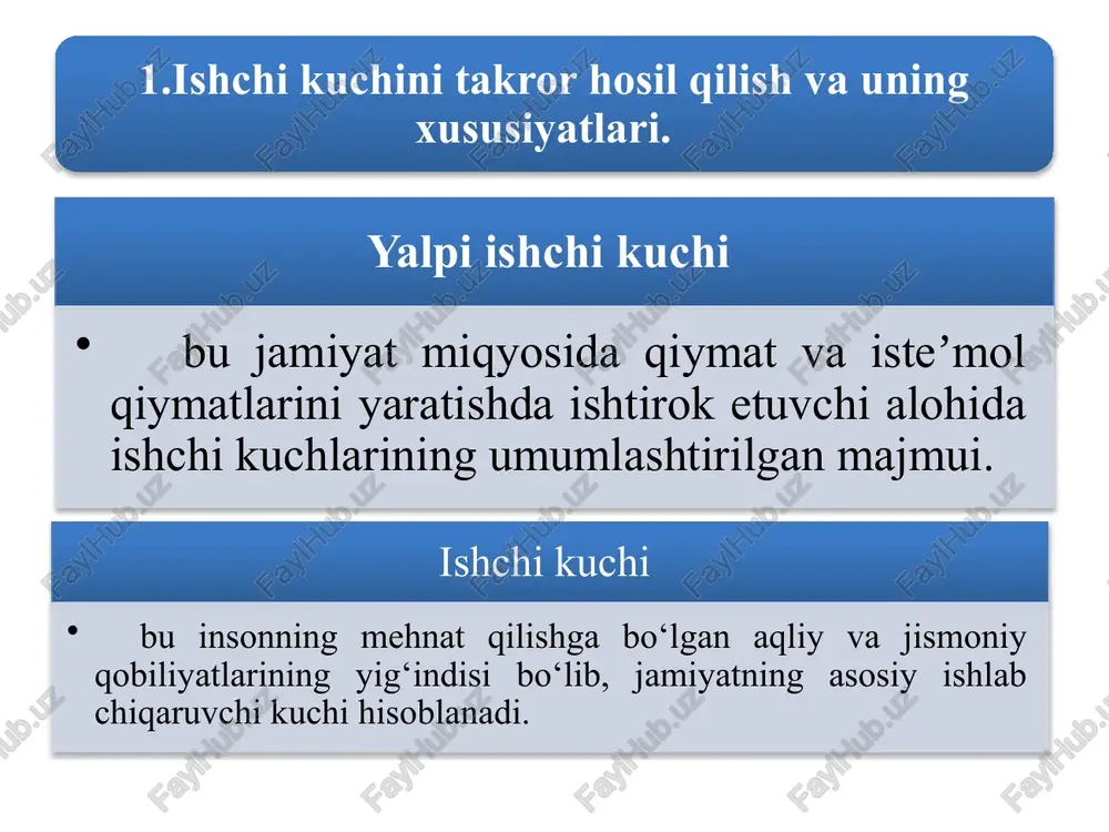 ning doimiy yashash joyini o‘zgartirishi bilan bog‘liq migratsiya; tebranuvchi migratsiya – ishchi kuchining bir hududdan boshqa hududga muntazam davriy ravishda qatnab ishlashi bilan bog‘liq migratsiya; mavsumiy migratsiya – mavsumiy ish faoliyati bilan bog‘liq migratsiya; tasodifiy migratsiya – ishchi kuchining baʼzi hollarda boshqa hududlarga borib kelishi bilan bog‘liq migratsiya. 11 bo‘yicha tarkib topuvchi ijtimoiy-iqtisodiy munosabatlarning murakkab tizimini namoyon etadi. ular tomonidan bajarilayotgan ishlarning hajmi, intensivligi va masʼuliyat darajasi ishchilarning malaka darajasi, u mehnat sharoitlari va unga haq to‘lash miqdorlari, 2. ishchi kuchi bozori. ishchi kuchi yalpi talabi va yalpi taklifi nisbati ishchi kuchi bozori – bu xo‘jalik faoliyati jarayonida ishchi kuchi tovari egalari va uning asosiy isteʼmolchilari – davlat korxonalari, tashkilotlari va turli xil tadbirkorlar o‘rtasidagi oldi-sotdi munosabatlaridir. ishchi kuchining qiymati nafaqat ishchining shaxsiy ehtiyojlarini qondirish, balki ishchi kuchini takror ishlab chiqarish hamda uning sifatini oshirish jarayonlarini, uning oilasini yetarli darajada taʼminlash uchun zarur bo‘lgan barcha hayotiy neʼmatlarning qiymatini o‘z ichiga …