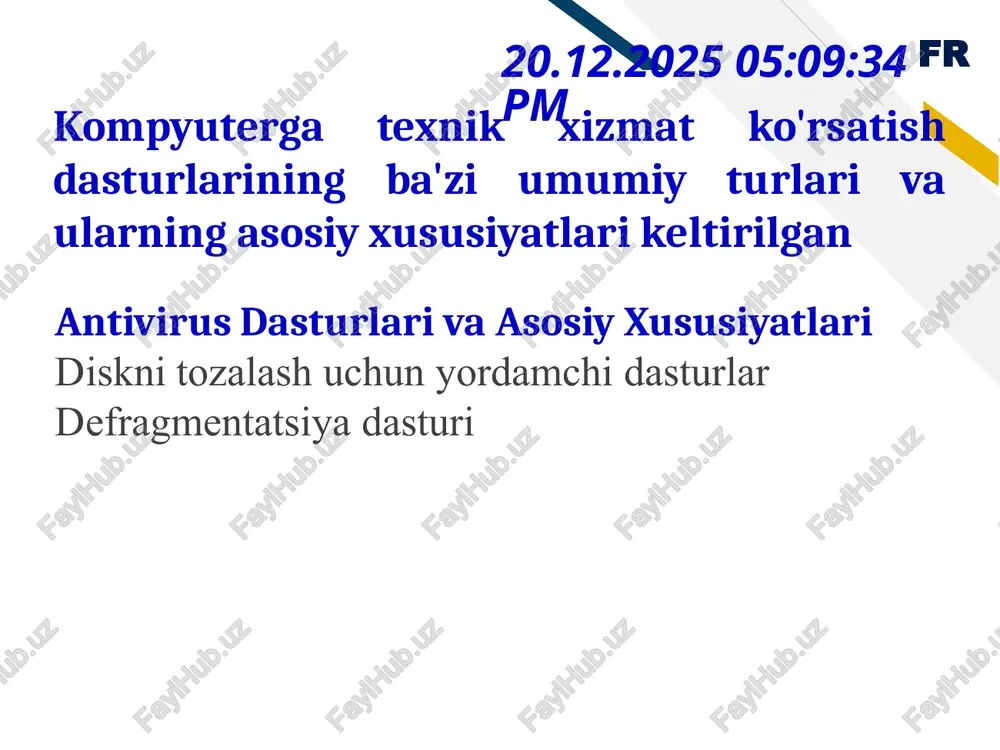 un mo‘ljallangan. drayverlar kompyuterning apparat qurilmalari va operatsion tizim o‘rtasidagi muhim vosita bo‘lib, ular to‘g‘ri ishlashi uchun eng so‘nggi yangilanishlarni talab qiladi. vaqt o‘tishi bilan eskirgan yoki noto‘g‘ri drayverlar tizim ishlashiga salbiy ta'sir qilishi mumkin, shuning uchun driver updater dasturlari apparatning barqaror ishlashini ta’minlaydi fr 16 08.10.2025 22:23:26 defragmentatsiya dasturlari driver booster driver easy snappy driver installer avg driver updater driver genius fr 17 08.10.2025 22:23:26 tizimni optimallashtirish vositalari ushbu dasturlar sozlamalarni o'zgartirish va texnik xizmat ko'rsatish vazifalarini bajarish orqali umumiy tizim ish faoliyatini optimallashtirishga qaratilgan. advanced systemcare, glary utilities, iobit system optimizer fr 18 08.10.2025 22:23:26 dasturlarni zaxiralash va tiklash zaxiralash dasturi ma'lumotlar yo'qolishi yoki tizimning ishlamay qolishi holatlarida tiklash uchun fayllaringiz, sozlamalaringiz va hatto butun tizimingiz nusxalarini yaratishga yordam beradi. acronis true image, easeus todo backup, macrium reflect. fr 19 08.10.2025 22:23:26 o'chirish dasturlari ushbu vositalar o'rnatilgan dasturiy ta'minotni, shu jumladan qolgan fayllar, papkalar va ro'yxatga olish kitobi …
