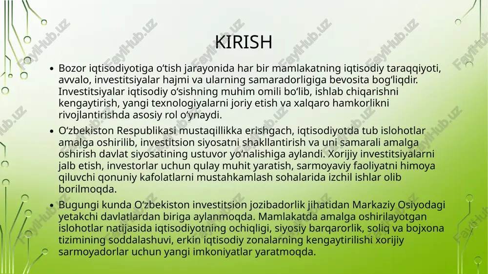 iqtisodiy islohotlarni jadallashtirish, yangi texnologiyalarni joriy etish, eksport salohiyatini oshirish va tarmoqlarni diversifikatsiya qilishda muhim omil sifatida namoyon bo‘lmoqda. shu boisdan ham mamlakatimizda sarmoyadorlar uchun qulay biznes muhitini yaratish, ularning huquq va manfaatlarini himoya qilish bo‘yicha kompleks chora-tadbirlar izchil amalga oshirilmoqda. 1.2. jahon iqtisodiyotining globallashuvida xorijiy investitsiyalarning o’rni bugungi kunda jahon iqtisodiyotining eng muhim xususiyatlaridan biri — bu globallashuv jarayonidir. globallashuv xalqaro mehnat taqsimoti, texnologik hamkorlik, axborot almashinuvi va kapital oqimlarining jadallashuvini ifodalaydi. aynan shu jarayon natijasida xorijiy investitsiyalar global iqtisodiy tizimning asosiy harakatlantiruvchi kuchlaridan biriga aylandi. globallashuv sharoitida sarmoyador mamlakatlar o‘z kapitalini yuqori foyda keltiruvchi va iqtisodiy xavfsiz bo‘lgan davlatlarga yo‘naltiradi. rivojlangan davlatlar (aqsh, yaponiya, germaniya, janubiy koreya va boshqalar) kapitalining bir qismi rivojlanayotgan mamlakatlarga yo‘nalib, ularning iqtisodiy o‘sishida muhim rol o‘ynaydi. natijada xalqaro kapital harakati kengayib, dunyo bozorida yangi raqobat muhitini shakllantiradi. xorijiy investitsiyalar globallashuv jarayonida quyidagi vazifalarni bajaradi: xalqaro ishlab chiqarish tarmoqlarini birlashtirish; texnologik yangiliklar va nou-xaularni …