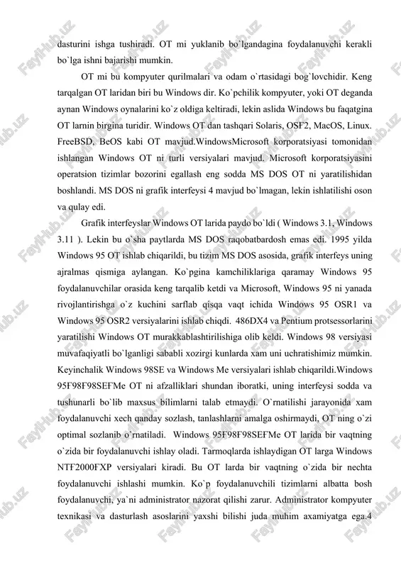 limlarni talab etmaydi. o`rnatilishi jarayonida xam foydalanuvchi xech qanday sozlash, tanlashlarni amalga oshirmaydi, ot ning o`zi optimal sozlanib o`rnatiladi. windows 95g'98g'98seg'me ot larida bir vaqtning o`zida bir foydalanuvchi ishlay oladi. tarmoqlarda ishlaydigan ot larga windows ntg'2000g'xp versiyalari kiradi. bu ot larda bir vaqtning o`zida bir nechta foydalanuvchi ishlashi mumkin. ko`p foydalanuvchili tizimlarni albatta bosh foydalanuvchi, ya`ni administrator nazorat qilishi zarur. administrator kompyuter texnikasi va dasturlash asoslarini yaxshi bilishi juda muhim axamiyatga ega.4 interfeys – keng qamrovli tushuncha bo`lib bir ma`noni anglatadi, ya`ni biz tizimni boshqa tizim bilan aloqasi uchun zarur va etarli bo`lgan elementlar majmuasi. masalan avtomashina va xaydovchi o`rtasidagi interfeys – bular rul (mashinani chapga, o`ngga burish), pedallar (mashinani yurgizish, to`xtatish), turli ko`rsatgichlar (tezlik, yo`qilg`i, masofa) va xokazolar. kompyuter va odam o`rtasidagi interfeys – klaviatura, sichqoncha, monitor va xokazo. ot va odam o`rtasidagi interfeys – oynalar, tugmachalar, meyular va boshqa interfeys elementlari.5gnu loyxasilinux ot lar oilasi windows dan farqli, …
