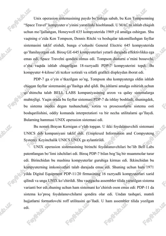 nardi). shu vaqtga kelib chiqqan “5-nashr”ni birinchi bo’lib kaliforniya universiteti (berkli shahri) va janubiy eel’s yangi universiteti (avstraliya, sidney shahri) oldi. foydalanuvchi interfeysi.foydalanuvchi bilan unix tizimini aloqasi an’anaviy usul buyruqlar tilida amalga oshadi. (ammo hozirgi davrda grafik interfeyslar ommalashmoqda). foydalanuvchi sistemaga kirgach, u uchun buyruqli interpretatorlardan biri joriy etiladi. odatda tizimda bir-biriga o’xshash, ammo buyruqlar tilining imkoniyatlari bilan farq qiladigan bir necha buyruqli interpretatorlar mavjud bo’ladi. operasion sistema unix ning barcha buyruq interpretatorlarining umumiy nomi-shell (qobiq), chunki interpretator tizim yadrosining tashqi atrofini tashkil etadi. chaqirilgan buyruq interpretatori foydalanuvchiga oddiy buyruq yoki buyruqlar konveyeridan tashkil topgan buyruq qatorini kiritishni taklif etdi. har bir buyruq bajarilib terminal ekraniga chiqarilgach, shell yana buyruq qatorini kiritishni taklif etadi va h.k. ushbu jarayon ishlatuvchi seansini tugatmaguncha, ya’ni logout buyrug’ini kiritgancha yoki ctrl+d ni bosgacha davom etadi. operasioh sistemasi unixda ishlatiladigan buyruq tillari juda oddiy, iste’molchi unda tez ishlashni boshlashi uchun. ammo murakkab dasturlarni yozish uchun …