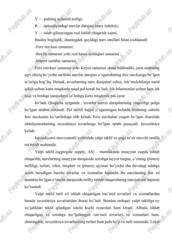 aridan iborat bo’ladi. bundan tashqari yalpi taklifga uy xo’jaliklari taklif qiladigan ishchi kuchi resurslari ham kiradi. albatta ishlab chiqarilgan va sotishga mo’ljallangan iste’mol tovarlari va xizmatlari ham, shuningdek, investitsiya tovarlarining turlari ham juda ko’p va turli-tumandir. lekin yalpi talab o’zining ijtimoiy zaruriy nafliligi bilan, ya’ni o’zining turlari, miqdori va sifati bo’yicha hamda ijtimoiy qiymati bo’yicha qisqa muddatli davrda yalpi taklif egri chizig’ining ko’rinishi bir oz murakkabroq bo’lib, uchta kesmani o’z ichiga oladi. i. yotiq kesma. u ba’zida «keynscha»kesma deb ham atalib, iqtisodiyotning tanazzul yoki turg’unlik pallasidagi holatini aks ettiradi. yotiq kesma milliy ishlab chiqarish potentsial hajmi (chizmadagi yt nuqta)dan ancha kam bo’lgan ishlab chiqarishning real hajmi (chizmadagi y1 nuqtaga qadar bo’lgan hajm)ni o’z ichiga oladi. ya’ni, bu oraliqda mamlakatdagi mavjud ko’plab ishlab chiqarish quvvatlari, mashina, uskuna va ishchi kuchi ishlab chiqarishga jalb etilmaydi yoki ulardan to’liq foydalanilmaydi. shunga ko’ra, mazkur resurslarning ishlab chiqarishga jalb etilishi narx darajasiga hech qanday ta’sir …