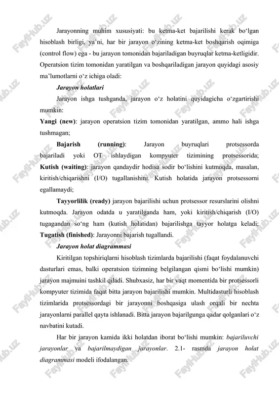 ion tizim uni kutish holatiga o‘tkazadi; uni tayyorlilik holatiga qaytishda hisoblash tizimlarida uzilishlarning paydo bo‘lishi natijasida (masalan, bajarilish uchun ajratilgan vaqtni tugab qolishi sababli vaqtni uzilishi). jarayon kutish holatidan tayyorlilik holatiga o‘tgandan so‘ng u qaytadan bajarish uchun tanlanishi mumkin. operatsion tizimdagi oqimlar va ularning turlari oqim - bu operatsion tizimning mohiyati, protsessorda ko‘rsatmalar to‘plamini bajarish jarayoni, aniqrog‘i dastur kodi. oqimlarning umumiy maqsadi ikki yoki ko‘plab turli xil vazifalarni protsessorda parallel bajarishdir. oqim o‘zining kod segmenti, ma’lumotlar segmenti va ochiq fayllarini teng huquqli oqimlari bilan almashadi. agar bir oqim kod segmentining xotira elementini o‘zgartirsa, qolgan barcha oqimlar buni ko‘radi. oqim yengil jarayon deb ham ataladi. oqimlar parallellash orqali dastur samaradorligini oshirish usulini taqdim etadi. quyidagi rasmda bir oqimli va ko‘p oqimli jarayonlarning ishlashi ko‘rsatilgan. oqimlar - bu klassik jarayonga mos keladigan ishchi oqimlarni kamaytirish hisobiga operatsion tizimning ish faoliyatini yaxshilashga qaratilgan dasturiy yondashuv. jarayon va oqim o‘rtasidagi farq har bir oqim …