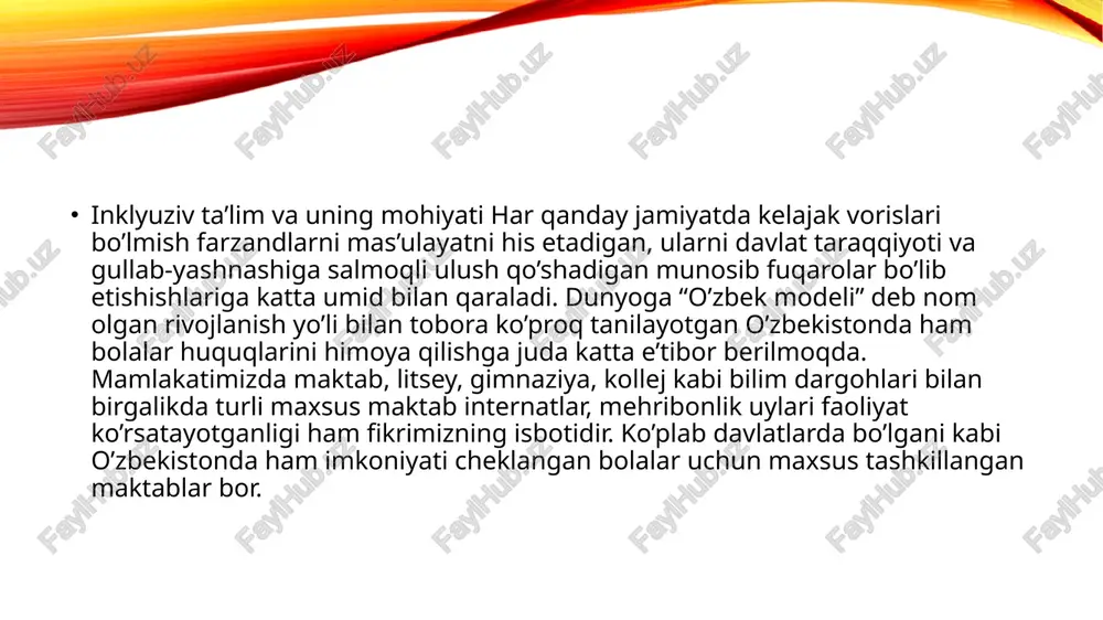 t-shashka o’yinlari, turli sport musobaqalarida vaqtni kuzatuvchi hakam yoki darvozabon bo’lishlari mumkin; - do’stona muhitda do’st orttiradilar; - turli ko’ngilochar va bayramona dasturlarda ishtirok etadilar. boshqa bolalar esa; - do’stona muhitni yaratadilar; - 9 - - maxsus ehtiyojli bolalarga g’amho’rlik qiladilar,ularni turli o’yinlarga jalb qiladilar; - sinf tadbirlarida ishtirok etadilar; - tozalik va ozodalikni ta’minlaydilar; - jamoa oldida ma’suliyat hissini rivojlantiradilar; - didaktik va o’yin vositalarini tayyorlashda birgalikda ishtirok etadilar; - o’qituvchi va tarbiyachilar bolalarni bir-birlarining ichki dunyolarini tushunishga o’rgatadilar; - har bir bolaning qobiliyati va imkoniyatini hisobga oladilar; - har bir bolada hayotiy malaka va mustaqillikni shakllantiradilar; - ishlarni tahlil qiladilar va baholaydilar; - ota-onalarga amaliy yordam ko’rsatadilar; - barcha bolalarga birdek bilim berib, tarbiyalaydilar; demak; inklyuziv ta’lim maxsus ehtiyojli, nogiron bolalar ham faqat maxsus maktablarda emas, balki sog’lom bolalar o’qiydigan umumta’lim maktablarida ham ta’lim-tarbiya olishlari mumkin ekanligini e’tirof etadi. buning uchun esa maktab ham, o’qituvchi-tarbiyachilar ham inklyuziv ta’lim …