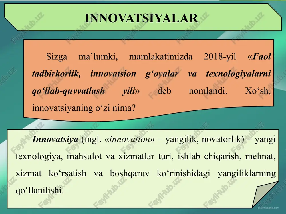 t o‘rtasidagi nomuvofiqlik. odatda tasavvur haqiqiy holatga ko‘ra ijobiyroq, yuqoriroq bo‘ladi va u yangi o‘zgarishlar qilishga undaydi; 3. jarayon ehtiyojlari asosidagi yangiliklar. siz biron-bir jarayonni kuzatib turib, bu yerda nimadir yetishmayotganligini his etasiz. uni to‘ldirish esa yangilikning yaratilishiga olib keladi; 4. faoliyat yo‘nalishingiz yoki mahsulot bozorida ro‘y beruvchi favqulodda o‘zgarishlar; xulosa: bilimdagi o‘zgarishlar. sizning biron-bir mahsulot yoki jarayon to‘g‘risida yangi ma’lumotga ega bo‘lishingiz darhol uni amaliyotga joriy etishga undaydi. bu esa yangi bilim asosida yangi mahsulot yoki xizmatlarga asos solinishiga olib kelishi mumkin. bilimingizni sinab ko‘ring! mamlakatimizda 2018-yilning «faol tadbirkorlik, innovatsion g‘oyalar va texnologiyalarni qo‘llab-quvvatlash yili» deb nomlanishiga sabab nima? innovatsiya so‘zining ma’nosi nima? korxonaning innovatsion faoliyati nimani anglatadi? korxonada innovatsion faoliyatni amalga oshirish natijasini qanday baholash mumkin? image1.jpeg image2.png image3.png image4.png image5.png image6.png image7.png image8.png es ys. tnnovatsiya turlari i 1 i tashkiliy= boshgaruy texnik | texnologike axborot ijtimoiy /docprops/thumbnail.jpeg mavzi innovatsion g’oyalar va texnologiyalar, ishlab chiqishga, jamiyat hayotida’ …