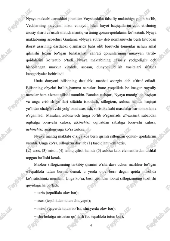 utun bo‘lsa, shu yerda olov bor); · shu holatga nisbatan qo‘llash (bu tepalikda tutun bor); · xulosa (demak, bu tepalikda olov bor). hind mantiq ilmining keyingi rivojlanishi dignaga va dxarmakirti kabi buyuk mutafakkirlarning nomlari bilan bog‘liq. mantiq faqat dignaga va dxarmakirti kabi buddaga falsafa namoyandalarining ta’limotlaridagina muayyan tartib-qoidalarga asoslangan, tizimlashgan, to‘laqonli fan darajasiga yetgan. miloddan oldingi, taxminan vi asrda yashab, ijod etgan dignaganing asosiy asari sifatida «bilish manbalari haqida» kitobi tan olinadi. dignaga mantiq ilmini muayyan tizimga ega bo‘lgan mustaqil fan darajasiga ko‘taradi. sillogizm dignaga mantig‘ida ham boshqalardagi singari isbotlash amali bilan aynanlashtiriladi. dignaga mantiqiy asoslashning uch asosiy xususiyati haqidagi ta’limotni yaratadi. unga ko‘ra, mantiqiy asoslash, birinchidan, xulosa obyekti, ya’ni kichik terminning tezis bilan bog‘liq bo‘lishi kerakligi (masalan, hind mantig‘i uchun an’anaviy hisoblangan «tog‘ cho‘qqisida olov bor»), ikkinchidan, bir turdagi obyektlar bilan bog‘liq bo‘lishi lozimligi (ya’ni «olov bor joyda, albatta tutun bo‘lishi muqarrarligi» haqidagi asosni keltirish usuli bilan), uchinchidan esa …