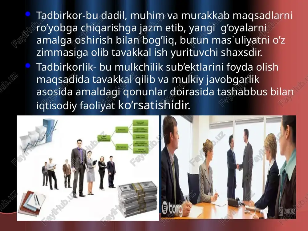 ko’rsatish, transport va boshqa sektorlardagi tadbirkorlar. tadbirkorlikning quyidagi turlari mavjud tadbirkorlik faoliyatining quyidagi shakllari mavjud - xususiy tadbirkorlik- jismoniy yoki yuridik shaxslar (korxona) tomonidan amalda o’zining shaxsiy (xususiy) mulki asosida tashkil qilinadi - jamoa tadbirkorlikligi - fuqarolar guruhining jamlanma mulki asosida tashkil qilinadi, - aralash tadbirkorlik - bitta (yoki bir necha) yuridik shaxs (korxona) va bir necha jismoniy shaxslar mulkini birlashtirish asosida tashkil qilinadi: - qo’shma tadbirkorlik - ikki yoki undan ortiq yuridik shaxslar (shu jumladan chet el korxonalari) mulkini birlashtirish yo’li bilan tashkil qilindi - shartnomaviy tadbirkorlik - mulk egasi bo’lmagan korxona raxbari(yoki boshqa mas`ul lavozimdagi xodim-menejer) tomonidan shartnoma asosida amalga oshiriladi. tadbirkorlik taraqqiyotini ta`minlovchi asosiy omillar quyigilardan iborat: 1.xalq xo’jaligi tarmoqlarining bozor munosabatlariga o’tishi va iste`mol bozorining yaratilishi. 2.tadbirkorlarning mulki, huquqi va iqtisodiy manfaatlarining idoralar kafolatining mavjudligi. 3.ishbilarmonlikning davlat tomonidan soliq, moliyaviy kredit va amortizatsiya siyosati orqali munosib qo’llab-quvvatlanishi. 4.davlat va munitsipal korxonalarni davlat tasarrufidan chiqarish, xususiylashtirish va …