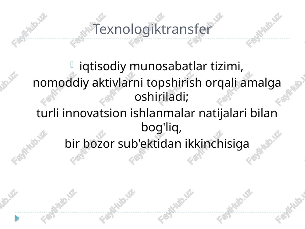 shtirish to'g'risidagi shartnoma) storona 1 storona 2 prejniy pravoobladatel novie pravoobladateli, v tom chisle prejniy pravoobladatel texnologik strategiyalartransfer innovatsion rivojlanish uchun patentlarni topshirish/qabul qilish strategiyasi intellektual mulk uchun litsenziyalarni topshirish/olish strategiyasi moddiylashtirilgan shaklda texnologiyalarni uzatish/qabul qilish strategiyasi o'zaro litsenziyalash strategiyasi texnologiyaga investitsiya strategiyasi ilmiy va ishlab chiqarish hamkorlik strategiyasi zarojdenie strategiya nauchnogo kooperirovaniya rost strategiya texnologicheskogo investirovaniya zrelost strategii perekrestnogo litsenzirovaniya, peredachi litsenziy i materializovannix rezultatov razrabotki starenie strategiya peredachi patentov na innovatsionnuyu razrabotku effektivnaya sistema upravleniya nma metodologiya upravleniya optimalnaya organizatsionnaya struktura ispolzovanie sovremennix sredstv informatizatsii chetkoe raspredelenie otvetstvennosti i polnomochiy regulyarniy monitoring i kontrol korporativnaya sistema upravleniya nma ip operator dlya transferta texnologiy i kommertsializatsii kompleksniy xarakter upravleniya nma viyavlenie znaniy formalizatsiya znaniy identifikatsiya i zashita ob'ektov transfer texnologiy vazifalaripoperator intellektual mulkka bo'lgan huquqlarni boshqarish metodologiyasini ishlab chiqish va joriy etish intellektual mulkka bo'lgan huquqlarni himoya qilish va zamonaviy ta'minlash ipni chiqarish uchun potentsial xavflarni marketing va patent …
