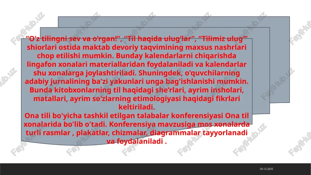 shning eksperimental sinovdan o'tgan omillaridan biridir. 14.05.2024 — savodxonlikning siri nimada? “o‘zbek go‘ragalpoq” yoki o‘zbek-g‘ozog‘ tillari bo‘limida “unli tovushlar muhokama qilinadi”, “undosh tovushlar muhokama qilinadi”, “sifatlar muhokama qilinadi” bo‘limida munozara kechalari o‘tkaziladi: ota-ona; basbos: kel-bel: tosh-bosh va shunga oʻxshash. bu hodisada didaktik tamoyilga amal qilish kerak: ao: xuro nimayu, xurmo nima? yoki amir nimayu amir nima? eng yaxshi narsa nima? odatda murakkablashadi. ushbu ustun yozish va nutq talablarini bajarishning samarali usuli hisoblanadi. (dts. 254) 14.05.2024 ayniqsa, komenskiy ta’lim tizimidagi siyosiy va iqtisodiy ahvol haqida bolalar uyda va shaharda har kuni ularning ko`z oldida sodir bo`layotgan hodisalarni tushunish uchun zarur bo`ladigan darajada bilishlari lozim,-degan qarashlari bugungi darsliklar, jumladan, boshlang`ich sinf o`qish kitobidagi ilmiy- ommabop maqola va matnlar maqsadiga hamohangligidan dalolat beradi. 14.05.2024 yoki, kosmografiya asoslarini, osmonning yumaloq shaklda ekanligini, yerning sharsimonligini, yerning atrofini okean o`rab turganligini, dengiz va daryolarning egri-to`g`riligini, kattaroq qit’alarni, ovrupoda joylashgan asosiy davlatlarni bilishlari, o`quvchilar ayniqsa o`z vatanlaridagi …
