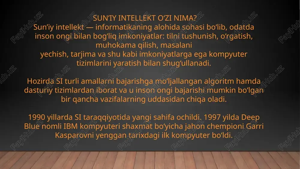 aini keng qo'llashzarurligini ta'kidlaydi. google, macos, ios, yandex, microsoft kabi dasturiy taʼminot va maishiy elektronika sohasidagi yirik oʻyinchilar, shuningdek, maʼlumotlarni yigʻish, qayta ishlash, katta maʼlumotlar va tahlillarga ixtisoslashgan subʼyektlar tomonidan sunʼiy intellektga katta sarmoya kiritildi. ushbu global tendentsiya bir necha yil davom etishi kutilmoqda, bu esa keyingi 15-20 yil ichida ai investitsiyalarida rentabellikni va'da qilmoqda. binobarin, yaqin yillarda tibbiyot, kosmik tadqiqotlar, iqtisodiyot, robototexnika, transport va boshqa turli sohalarda aining jadal rivojlanishi kutilmoqda foydalanilgan adabiyotlar sadullayeva sh.a. yusupov d.f. yusupov f. sun’iy intellekt va neyronto‘rli texnologiyalar /o‘quv qo‘llanma. urganch. 2021. h.n.zaynidinov., t.a.xo’jaqulov., m.p. atadjanova “sun’iy intellek” fanidan o’quv qo’llanma tatu, toshkent 2018 y. boden, margaret, mind as machine, en:oxford university press, 2006. cukier, kenneth, „ready for robots? how to think about the future of ai“, https://uz.wikipedia.org/ https://cyberleninka.ru/article/n/sun-iy-neyron-tarmoqlarini-o-qitish-usullari?ysclid=lq7jq8x3sw183373841 fayllar.org aim.uz arxiv.uz image3.png image4.png image5.png image6.png image1.jpg /docprops/thumbnail.jpeg sunty intellektnin( rivojlanishi: ijobiy va salbiy jihatlari