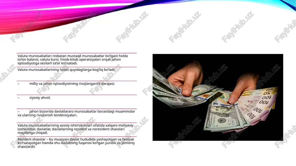 n tashqari, mazkur qonunlar harakatidan kelib chiqqan holda, tijorat banklari, jismoniy shaxslar va xo’jalik yurituvchi subyektlarning tashqi iqtisodiy faoliyatini tartibga soluvchi o’zbekiston respublikasi markaziy bankining qator me’yoriy hujjatlari va yo’riqnomalari mavjud. zamonaviy sharoitda valuta jarayonlarini tartibga solish valuta cheklovlari va soliqlarni hisobga olmagan holda valuta kurslarini tartibga solish bilan bog’liq. bunday tartibga solishning amaliy instrumentlari davlatda unchalik ko’p emas, ular rasmiy intervensiya deb atalmish valuta bozori mexanizmiga to’g’ridan to’g’ri aralashuv va pul-kredit munosabatlarini tartibga solishning an’anaviy uslublaridan iborat. valuta jarayonining muvozanatsizligi, valuta kurslarining nazoratsiz ko’tarilishi va pasayishi iqtisodiyotga tobora kuchayib boruvchi salbiy ta’sir ko’rsatadi. jumladan: – birlamchi ehtiyoj mollari bahosining oshishiga va mehnatkashlar iqtisodiy ahvolining yomonlashuviga olib keluvchi import qilinayotgan inflyatsiya; – milliy valuta kursining nisbatan o’sganligi oqibatida mamlakat tashqi raqobatdoshligining pasayishi; – valuta zararlari oqibatida banklar va kompaniyalar moliyaviy holatining muvozanatsizligi; – rasmiy iqtisodiy siyosat samaradorligining pasayishi va shu kabilar. valuta muvozanatsizligini davlat tomonidan cheklash bilan bog’liq harakatlari amaliyotda …