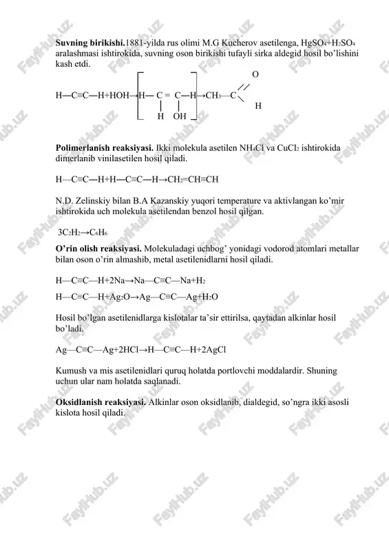 lkinlar kuchliroq oksidlansa, molekula uchbog’ turgan joydan parchalanadi: c—h oh ║ +3(o)+3h2o→ 2h―c oh →2hcooh+2h2o c—h oh chumoli kislota ishlatilishi. asetilen kislorodda yonganda 3000°c gacha issiqlik hosil qiladi. bu xususiyatdan foydalanib sanoatda, qurilishda va xo’jalikning boshqa tarmoqlarida metallarni hamda metal buyumlarni payvandlashda keng ishlatiladi. asetilen kimyo sanoatida asosiy xomashyo hisoblanib, undan etil spirt, sirka kislota, allil spirt, glitserin, akrilonitril, vinilasetat, lyuizit, vinilasetilen va boshqa moddalar olinadi. akrilonitril va vinilasetilen sinetik tola bilan kauchukning asosiy xomashyosihisoblanadi. vii bob. arenlar (aromatik uglevodorodlar) molekulasi tarkibida benzol yoki uning gomologlarini saqlaydigan karbosiklik birikmalarga aromatic uglevodorodlar deb aytiladi. ularning birinchi vakili benzol bo’lib, uni 1825-yilda ingiliz kimyogari va fizigi m.faradey koks gazidan ajratib olgan. empirik formulasi c6 h6. benzol +80,1°cda qaynaydigan o’ziga xos hidga ega bo’lgan harakatchan rangsiz suyuqlik. bu qator uglevodorodlar cnh2n-6 umumiy formulaga ega. umumiy formuladan foydalanib, aromatic uglevodorodlar gomologik qatorini hosil qilish mumkin: cnh2n-6 n=6 c6h6 n=7 c7h8 n=8 c8h10 n=9 c9h12 …
