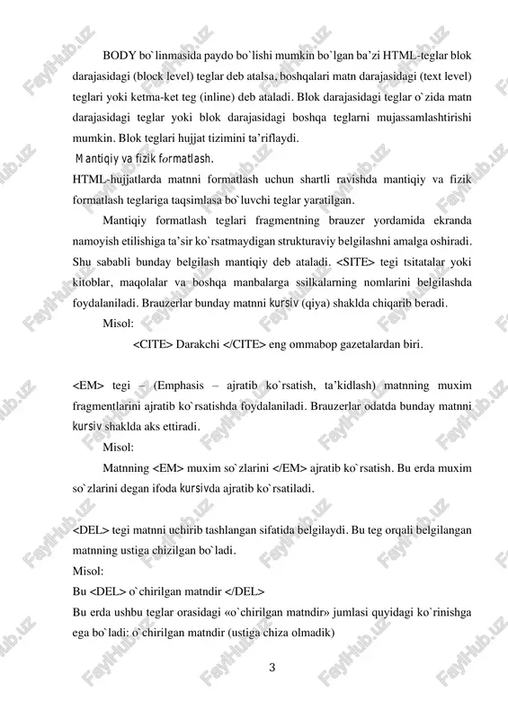 b beradi. masalan: bu kichik o`lchamli shrift. tegi matnni qator satxidan pastga, indeksga tushurib, kichik o`lchamli shriftda chiqarib beradi. bu matematik indekslar yozishda juda qo`l keladi. masalan: a massivining elementlari a 11 a 12 dan iborat. bu: “a massivining elementlari a11 a12 dan iborat” shaklda paydo bo`ladi. tegi matnni qator sathidan yuqoriga surib, darajaga, kichik o`lchamli shriftda chiqarib beradi. bu sonlarning matematik darajasini yoki snoskalarni ifodalashda asqotadi. misol: a 2 + b 2 bu ifoda «a2 +b2» ko`rinishiga ega bo`ladi. tegi matnni bir xil kenglikdagi shriftda (teletayp holatida) aks ettiradi. masalan: bu bir xil kenglikdagi matndir. formatlash teglari bir-birining ichiga solingan bo`lishi mumkin. bunda bir konteynerning butunlay boshqa birining ichida bo`lishi majburiy. masalan, bu o`rta qalinlikdagi shrift 6 bu kursiv shrift bu matn ham o`rta qalinlikdagi, ham kursivdir . tegi shrift parametrlarini ko`rsatib beradi. shrift parametrlarining bevosita hujjat matnida keltirilishi hujjat tarkibiy qismining hujjatni taqdim etish shakli ta’rifidan ajralib turishi …