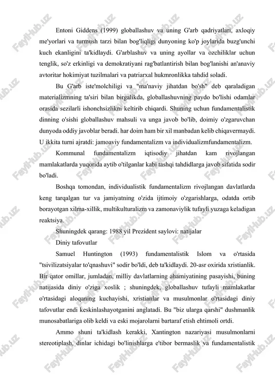 eng tanqid qilingan. fundamentalizmning o'ziga xos xususiyatlari endi ko'rib chiqamizfundamentalistik dinni tavsiflovchi asosiy xususiyatlar. diniy matnlar "xushxabar" sifatida qabul qilinadi fundamentalizmda diniy yozuvlar mutlaq haqiqatdir , hech kim yoki hech narsa tomonidan shubhasizdir. ular fundamentalist hayot tarzining barcha jabhalarini belgilaydi. axloqiy me'yorlar va asosiy e'tiqodlar to'g'ridan-to'g'ri muqaddas matnlaridan hech qanday moslashuvchanliksiz qabul qilinadi. muqaddas bitik ko'pincha fundamentalistik dalillarni qo'llab-quvvatlash uchun tanlab qo'llaniladi. "biz ularga qarshi" mentaliteti fundamentalistlar o'zlarini/o'z guruhlarini dunyoning qolgan qismidan ajratib turadilar va har qanday murosaga kelishdan bosh tortadilar. ular diniy plyuralizmni rad etadilar va asosan ulardan boshqacha fikrlaydiganlar bilan aloqa qilishdan qochadilar. ijtimoiy hayotning barcha sohalari muqaddas hisoblanadi kundalik hayot va faoliyat yuqori darajadagi diniy e'tiqod va faollikni talab qiladi. misol uchun, fundamentalist masihiylar umrlarining qolgan qismini iso bilan alohida munosabatda yashash uchun o'zlarini "qayta tug'ilgan" deb hisoblashadi. dunyoviylik va zamonaviylikka qarshi fundamentalistlar fikricha, zamonaviy jamiyat axloqiy jihatdan buzuq va o'zgaruvchan dunyoga bag'rikenglik diniy an'analar va e'tiqodlarga …