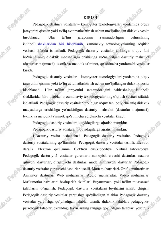 likning 4-toifasi: material ovozli va uch o’lchamli fazoviy ko’inishda bo’lib qolmasdan, taktik xususiyatli ma'lumotlar vositasida bayon qilinib, o’rganuvchini ―ekran olamida‖ stereo nusxasi tasvirlangan real olamga kirish va undagi ob'ektlarga nisbatan xarakatlanish tasavvurini yaratadigan elektron darslik. web-texnologiyalari asosida elektron o’quv materiallarni yaratish texnologiyalari: html tilida elektron o’quv materiallarni yaratish; dreamweaver dasturida elektron o’quv materiallarni yaratish. moodle tizimining interfaol imkoniyatlari moodle tizimining interfaol imkoniyatlaridan foydalanib elektron o’quv materiallarni yaratish; ma‘ruza; nazorat testlari; chat; forum; ma‘lumotlar bazasi; topshiriq; anketa-so’rov. moodle tizimida nazorat testlari yaratish moodle tizimining interfaol imkoniyatlaridan foydalanib nazorat testlari yaratish; test savollarini kiritish yo’llari; test savollarini sozlash parametrlari. multimediyali elektron darslik yaratish multimediyali elektron darslik loyihasini ishlab chiqish. flash dasturida multimediyali elektron darslik qobig’ini yaratish. multimediyali elektron darslik qobig’iga ma‘lumotlarni kiritish. flash dasturida taqdimot yaratish flash dasturida taqdimot yaratish uchun uning loyihasini ishlab chiqish. flash dasturida taqdimot yaratish. taqdimot boshqaruv elementlarini yaratib olish. taqdimot qobig’iga ma‘lumotlarni kiritish. . flash dasturida nazorat …