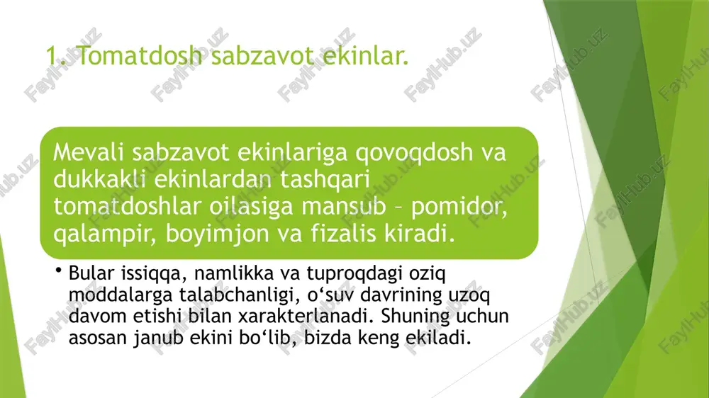 nishini sekinlashtiradi. pomidorni ko‘pchilik navlari yorug‘lik 10-12 soat davom etadigan kunlarda yaxshi rivojlanadi, lekin ba’zi navlar kun uzunligi qisqarganda, ayrim¬lari esa aksincha bir muncha uzayga yaxshi o‘sadi. pomidor barglarning suv bug‘latish satxi katta bo‘lib, baquvvat yer ustki massasi hosil qiladi, bunday massaning vujudga kelishi uchun esa ko‘p miqdorda suv talab qilinadi. shuning uchun ham pomidor o‘simligi, ayniqsa yoppasiga meva tugish davrida tuproq namga talab¬chan bo‘ladi. (tuproqni dala nam sig‘imi 70 % bo‘lishi kerak). bu dav¬rda suv yetishmasa, o‘simlikning tuguncha va mevalari to‘kila bosh¬laydi. shu bilan birga pomidor o‘simligi havo namligi mo‘tadil 45-60 % bo‘lishini xohlaydi. havo namligi bundan oshib ketsa, tuguncha¬lar yaxshi urug‘lanmay qoladi va to‘kilib ketadi hamda zamburug‘ kasal¬liklari paydo bo‘ladi. pomidor o‘simligining namga bo‘lgan talabi parvarishlash usul¬lariga bog‘liq. ko‘chatdan yetishtirilgan va ildiz sistemasi yuzaroq ta¬ralgan pomidor o‘simligi, bevosita urug‘i ekib o‘stirilgan va ildiz sistemasi ancha chuqur joylashgan pomidorga nisbatan namni ko‘p ta¬lab qiladi. pomidor o‘simligining o‘suv davri uzoq …