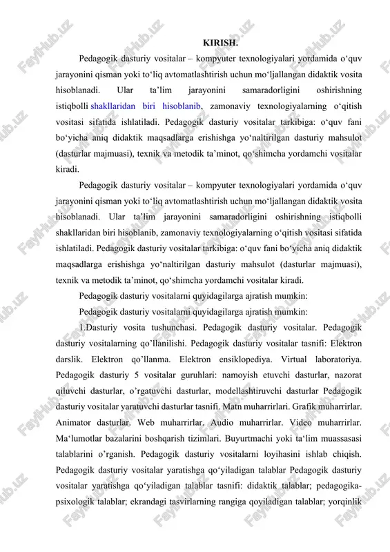 nishda bo’lib qolmasdan, taktik xususiyatli ma'lumotlar vositasida bayon qilinib, o’rganuvchini ―ekran olamida‖ stereo nusxasi tasvirlangan real olamga kirish va undagi ob'ektlarga nisbatan xarakatlanish tasavvurini yaratadigan elektron darslik. web-texnologiyalari asosida elektron o’quv materiallarni yaratish texnologiyalari: html tilida elektron o’quv materiallarni yaratish; dreamweaver dasturida elektron o’quv materiallarni yaratish. moodle tizimining interfaol imkoniyatlari moodle tizimining interfaol imkoniyatlaridan foydalanib elektron o’quv materiallarni yaratish; ma‘ruza; nazorat testlari; chat; forum; ma‘lumotlar bazasi; topshiriq; anketa-so’rov. moodle tizimida nazorat testlari yaratish moodle tizimining interfaol imkoniyatlaridan foydalanib nazorat testlari yaratish; test savollarini kiritish yo’llari; test savollarini sozlash parametrlari. multimediyali elektron darslik yaratish multimediyali elektron darslik loyihasini ishlab chiqish. flash dasturida multimediyali elektron darslik qobig’ini yaratish. multimediyali elektron darslik qobig’iga ma‘lumotlarni kiritish. flash dasturida taqdimot yaratish flash dasturida taqdimot yaratish uchun uning loyihasini ishlab chiqish. flash dasturida taqdimot yaratish. taqdimot boshqaruv elementlarini yaratib olish. taqdimot qobig’iga ma‘lumotlarni kiritish. . flash dasturida nazorat testlari yaratish flash dasturida nazorat testi yaratish uchun …
