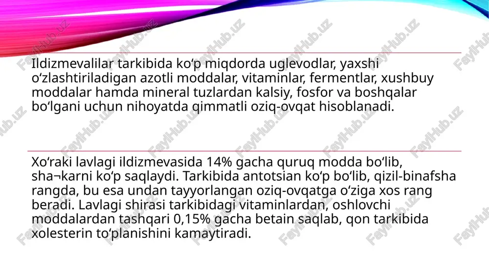 dli, patsimon taralgan barglar (tupbarg) va etli (zapas qismi) ildizmeva hosil qiladi. ildizmeva o‘zak (ksilema-yog‘ochlik qismi), kambiy – (floema-zapas moddalar to‘plangan qismi) va tiniq rangli po‘stdan iborat. o‘zak dag‘al, yog‘ochsimon, shakar kam bo‘lgani uchun ta’mi pastligi bilan kambiydan farq qiladi. asosiy va hamma yon shoxlar uchi mayda soyabonchalardan iborat bo‘lib, o‘simlik murakkab soyabon gulto‘plam bilan tugaydi. sabzi gullari ikki jinsli, mayda, gultojbargi oq yoki pushti, beshlik tipida. gullari chetdan changlanadi. chunki, changchi va urug‘chi bir vaqtda yetilmay, balki changlar bir kun oldin yetiladi. sabzi guli hasharotlar (asalarilar, pashshalar), kam hollarda shamol yordamida changlanadi. turp (raphanus sativus) karamdoshlar yoki butgullilar oila¬siga mansub bo‘lib, ikki yillik o‘simlik. o‘sishining birinchi yili kesikli, tukli barglardan iborat, tupbarg hamda turli vazn, shakl va rangdan ildizmevalar hosil qiladi. ikkinchi yil esa gulpoya chiqarib, ekilgach 35-40 kunda gullaydi, gullashi bir oygacha davom etadi. turpning gul to‘plami – shingil. guli to‘rt tojbargli, ikki jinsli, oq, pushti, binafsha yoki …