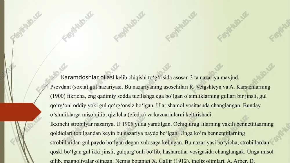 umladan o'zbekistonda larqalgan o'simliklarni ilmiy asosda har tomonlama o'rganish o'lgan asrning 20-yillaridan boshiangan. 1920-yillarda o`rta osiyo davlat univcrsitcti (hozirgi o'zbckision milliy universileti) va 1940-yillarda o'zbckision fanlar akademiyasi va uning tarkibida botanika institutining tashkil ctilishi o'zbekistonda botanika fanining har tomonlama rivojlanishiga asos bo'ldi. o'zbekislon batniklarining o`rta osiyo bo'ylab uyushtirilgan ckspcditsiyalari mobaynida ko'plab gerbariylar (o'simliklar klasifksiyasi) to'plandi. bu bcbaho klasifksiya asosida botanika insliluiida (hozirgi ,,botanika“ ilmiy ishlab chiqarish markazida-o’zafa „botanika hchm) „o'zbekision markaziy gerbariysi“ tashkil elildi. ayni vaqlda bu gerbariyda i million 400 mingdan ko'proq 10000 dan ortiq turlarga mansub o'simlik nusxalari saqlanadi. mana shu o'simlik nusxalarini o‘rganish va tabiatda olib borilgan kuzatishlar asosida 1941-1962- yillarda 6 tomli ,, o`zbekiston florasi" kitobi nashr ctildi. natijada respublikamizda 4500 ga yaqin o'simlik turlari borligi aniqlandi. 1963-1993- yillarda o'zbekiston botaniklari tomonidan 10 tomli „o'rta osiyo o'simliklari aniqlagichi“ yozib tugallandi. bu yirik ilmiy ish orqali o'rta osiyo hududida 8097 nomdagi yuksak o'simlik turlari borligi aniqlandi. mashhur …