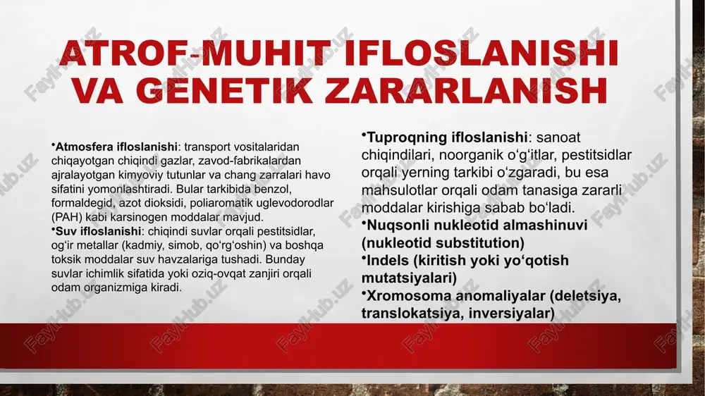 metastaz – uzoqdagi organlarga tarqalish bu bosqichda kasallik klinik ko‘rinish beradi – ya’ni saraton alomatlari yuzaga chiqadi yangi mutatsiyalar va genetik o‘zgarishlar bu bosqichda davom etadi: genom barqarorligi butunlay buziladi, hujayralar normal o‘sish va o‘lim nazoratidan chiqadi, angiogenez (yangi qon tomirlar hosil bo‘lishi) faollashadi. xulosa initsializatsiya — bu kanserogenezning birinchi bosqichi bo‘lib, hujayra dnksi turli zararli omillar ta’sirida mutatsiyaga uchraydi. bu o‘zgarishlar hujayraning nazoratsiz ko‘payishiga zamin yaratadi. mutatsiyaga sabab bo‘luvchi asosiy omillar: kimyoviy moddalar (benzol, aflatoksin, nitrozaminlar) radiatsiya (ionlovchi nurlar, uv) viruslar (hpv, hbv) ichki omillar (erkin radikallar, metabolik stress) irsi genetik zaiflik (masalan, brca1/2 mutatsiyasi) e’tibotingiz uchun raxmat dnt 816u guruh talabasi: rustamov azizbek image3.jpg image4.jpeg image5.jpeg /docprops/thumbnail.jpeg gear atrof muhit ifloslanishining genetik xavfi.