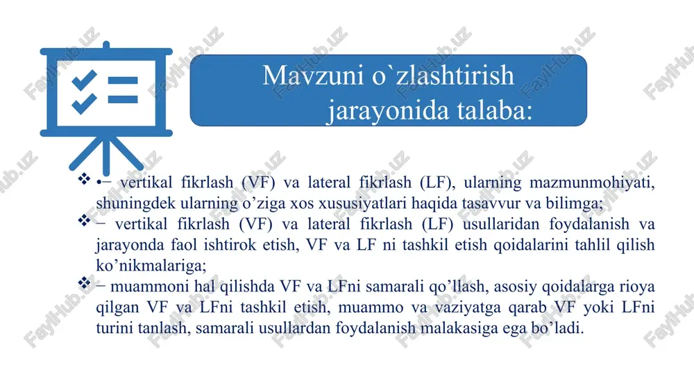 mantiq yordamida erishib bo’lmaydigan g’oyalarni o’z ichiga oladi. lateral fikrlashni tanqidiy fikrlashdan farqlash kerak. tanqidiy fikrlash, birinchi navbatda, xulosalarning haqiqiy qiymatini baholash va xatolarni izlash bilan bog’liq bo’lsa, lateral fikrlash xulosalar va g’oyalarning “harakat qiymati”ga ko’proq e’tibor beradi. inson ma’lum bir g’oyadan yangi g’oyalarga o’tish uchun lateral fikrlashni qo’llaydi. vf va lf ning ahamiyati vertikal fikrlashning maqsadi ham muammoga bitta jiddiy javobni berishdir. vertikal fikrlash, javob allaqachon mavjud bo’lgan va ketma-ket vositalar yordamida tushuntirilishi kerak bo’lgan jarayonlarda ko’proq qo’llaniladi. shu nuqtai nazardan, vertikal fikrlash orqali olingan javob, shaxs uchun mavjud bo’lgan ma’lumotlarni ko’rib chiqishda ko’pincha “eng to’g’ri” deb hisoblanadi. bono talqiniga kelsak, shaxslar yagona fikrlash uslubiga rioya qilishlari shart emas, aksincha ikkalasini sintez qilish yo’li bilan yechimlar hosil qilishadi. amaldagi fikrlash uslubi jihatidan har xil shaxslar har xil imtiyozlarga ega bo’lishiga qaramay, har ikkalasining muvozanati odatda har qanday muammoga yechim topishda eng maqbul deb hisoblanadi. 12 deyarli har qanday “fikrlash …