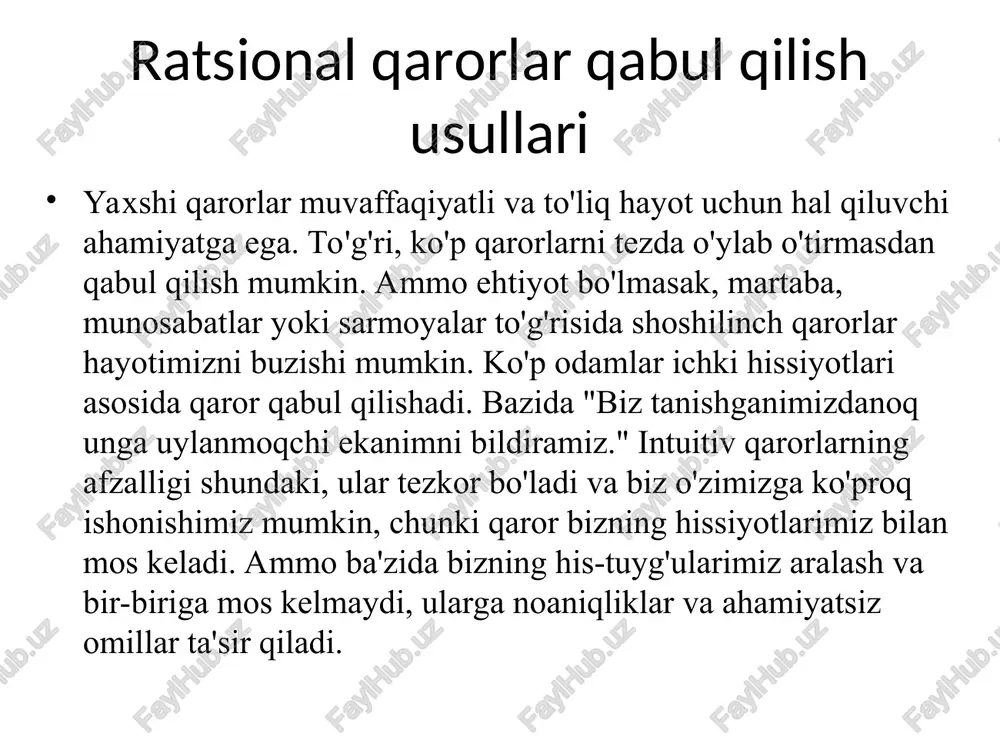 muvaffaqiyatning maqsadga muvofiqligi va ehtimoli: harakat rejalari realmi? ularning birortasi biron bir cheklovlarni buzadimi (juda qimmat, imo-ishora uchun juda uzoq vaqt talab etiladi, noqonuniy va boshqalar)? - etarli tanlov: odamlar band va ko'plab qarorlarni tezda qabul qilish kerak. bir tomondan biz chinakam alternativalar bo'lishi uchun juda qattiq o'ylashimiz kerak. boshqa tomondan, ko'rib chiqiladigan variantlarning ko'pligi chalkash bo'lishi mumkin va har bir variantni etarli darajada baholash qiyin bo'lishi mumkin. - eksklyuziv va qo'shimcha alternativalar: ba'zi rejalar boshqalarni istisno qiladi. agar sizning byudjetingiz cheklangan bo'lsa, avtomobil sotib olish sizning kvartirangizni ta'mirlay olmasligingizni anglatadi. ammo ba'zi rejalar bir-birini to'ldiradi. bir vaqtning o'zida mahsulotni yaxshiroq marketing, chegirmalar va sifatni yaxshilash orqali yaxshilashingiz mumkin. shunday qilib, har doim yaxshi variantlarni birlashtira olishingizni tekshirib ko'ring. 4-qadam: variantlarni baholang va eng yaxshisini tanlang. bizda mavjud bo'lgan bir qator variantlar mavjud bo'lganda, eng yaxshisini tanlash vaqti keldi. ammo nima "eng yaxshi" deb hisoblanadi? yagona to'g'ri javob yo'q, chunki …