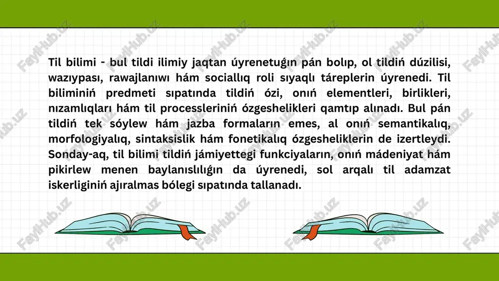 q funkciyanı atqaradı. sonıń menen birge, sóz dizbekleri hám idiomatikalıq ańlatpalar tildiń baylıǵın arttıradı hám sóylewdiń kórkemligin támiyinleydi. gáp - mánilik jaqtan juwmaqlanǵan pikirdi bildiriwshi til birligi bolıp, ol bir yamasa bir neshe sózden quralǵan. gáp sintaksislik birlik sıpatında til biliminde ayrıqsha itibar qaratılatuǵın element esaplanadı. gápler hár qıylı túrlerge bólinedi: sóylew gápleri, jazba gápler, soraw gápleri, buyrıq gápleri hám t.b. máselen, "ol mektepke ketti" gápinde subyekt ("ol") hám predikat ("ketti") anıq kórsetilgen bolıp, gáptiń mánisi tolıq ańlatıladı. til biliminde gáp dúzilisin úyreniw arqalı sóylewdiń sintaksislik nızamlıqları, sózler arasındaǵı baylanıslılıq hám grammatikalıq funkciyalar anıqlanadı. tekst - bul bir yamasa bir neshe gápler arqalı dúzilgen, baylanıs maqsetinde qollanılatuǵın til birligi. tekst tek sózler hám gáplerdiń izbe- izliginen ibarat emes, al ol semantikalıq úzliksizlik, tema, reje hám stilistikalıq birlikti óz ishine aladı. teksttiń quramı hám dúzilisi sóylewdiń logikalıq hám estetikalıq ózgesheliklerin kórsetedi. máselen, "búgin sabaqtan keyin men kitapxanaģa bardım. kitapxanada jańa kitaplar …