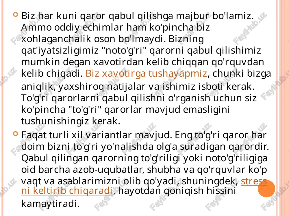 i bajarish. boshqaruv qarorining maqsadi – tashkilot oldiga qo’yilgan vazifalarni amalga oshirishni ta’minlash qaror – bu bajarilishi lozim bo’lgan ishning aniq bir yo’lini tanlab olishdir. boshqaruv qarori – har bir boshqaruv vazifasining boshqaruv mehnatidagi oraliq va oxirgi mahsuloti, har bir vazifada tasniflash qirralari aks etgan. shaxsiy fikrning natijasi bo’lib, rahbarning o’z bilimiga,tajribasiga tayangan holda maqsad va qiymatni ko’zlab muammolarni hal qilishidir. muammolarni yechish tehnologiyasiga ilmiy asoslangan usullar va modellardan foydalanish yo’li orqali bosib o’tilgan tajriba yo’llari va vaqt orqali tekshirilgan, tajribadan o’tgan yo’l bilan erishiladi boshqaruv qarorlarining tasnifi guruhlash belgilari boshqaruv qarorlari turlari amal qilish davriga ko’ra - strategik qarorlar - taktik qarorlar 2 mazmuni va amal qilish xususiyatiga ko’ra - ijtimoiy-iqtisodiy qarorlar - texnikaviy qarorlar - stereotip qarorlar - tashabbusli qarorlar 3 takrorlanish yoki yangilik darajasiga ko’ra - an'anaviy qarorlar tavsiyali qarorlar 4 axborot bilan ta'minlanganlik darajasiga ko’ra - aniq qarorlar noaniq qarorlar 5 amal qilish xususiyatiga ko’ra - …