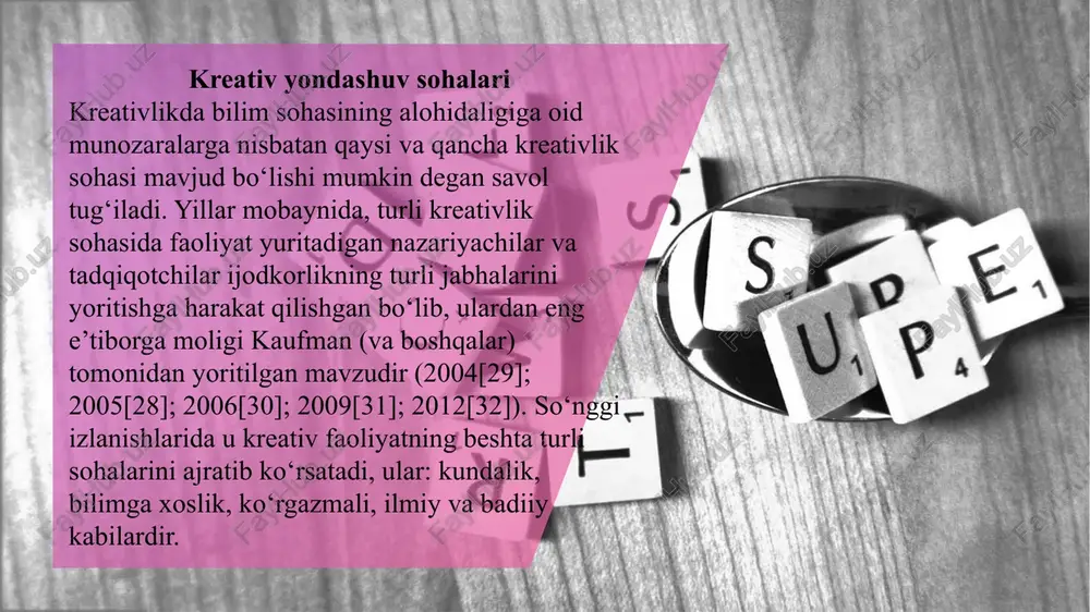 ti ustida ish olib bordi. turli komponentlar o‘rtasidagi o‘zaro bog‘liqlik turli natija berishi mumkin: misol uchun, bir necha ko‘nikmalarning jamlanmasi ijodiy takomillashuvga olib keladi; bundan farqli o‘laroq, boshqa tarkibiy qismlarning mavjudligi yoki darajasidan qat’iy nazar, har bir komponent uchun minimal chegara bo‘lishi mumkin, bu holatda ijodiy yutuqlarga erishib bo‘lmaydi. ta’lim olish jarayonida kreativ fikrlashni tushunish va baholash ijodkorlikning o‘zaro bog‘liqlik yondoshuvlari ijodiy ish bilan muvaffaqiyatli shug‘ullanish uchun turli xil ichki manbalarning ahamiyatini, shuningdek, ijodiy ish olib boriladigan muhitning muhimligini ta’kidlaydi. bunday yondashuvlar pisa tadqiqotlari doirasida kreativ fikrlashni baholashda muhim sxema bo‘lib xizmat qiladi. shunday bo‘lsada, o‘quvchilarning kreativ fikrlashlari haqida yanada yaxshiroq tushunchaga ega bo‘lish uchun, ushbu yondashuvlarni o‘quvchilarga kundalik maktab hayotiga tegishli bo‘lgan tarzda kontekstualizatsiya qilish zarur (glaveanu va boshq., 2013[44]; tangard, a option b option c option d option e option f option maktablar kreativ fikrlash ko‘nikmasi, aqliy ko‘nikmalar, bilim sohasining tayyorligi (ma’lum sohaga tegishli bilim va tajriba), yangi …