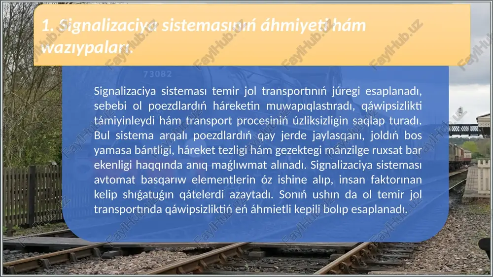 i. háreket aralıǵındaǵı jol boslıǵı qolda tekseriledi, yaǵnıy aldın ótken poezdıń mánzilge jetip barǵanlıǵı haqqında dispetcher tastıyıqlama almagansha keyingi poezd jiberilmeydi. bunnan tısqarı, jolawshı poezdlarǵa salıstırǵanda júk poezdlarınıń háreketi sheklenedi, tezlik tómenletiledi hám qáwipsizlik aralıǵı arttırıladı. poezd mashinistleri bul waqitta signal shiraqlarına emes, al dispetcher yaki náwbechi tárepinen beriletuģın qolda basqarılatuģın signallar (bayraqsha, fonar yaki dawıs signalı) na ámel etedi. túngi waqıtları svet yamasa fonar járdeminde, kúndizgi waqıtları bolsa reńli bayraqsha arqalı háreketleniw ruxsatı yamasa toqtaw signalı beriledi. onda barlıq ámeller arnawlı instrukciya tiykarında orınlanadı hám hár bir xızmetker óz juwapkershiligin tolıq seziwi shárt. sonday-aq, signalizaciya sisteması tiklenbegenshe poezdlar arasındaǵı háreket aralıǵı waqıt intervalı tiykarında belgilenedi. mısalı, hárbir poezd ótkennen keyin, belgili minutlar ótkennen keyin ǵana keyingisi jiberiledi. bul qáwipsizlikti támiyinlewdiń eń áhmietli ilajı bolıp esaplanadı. demek, signalizaciya qurılmaları islemey turǵanda da qatań tártip, anıq baylanıs hám juwapkershilikli basqarıw arqalı poezd háreketi qáwipsizligin támiyinlew múmkin boladı. 3. poezd dispetcheri hám …