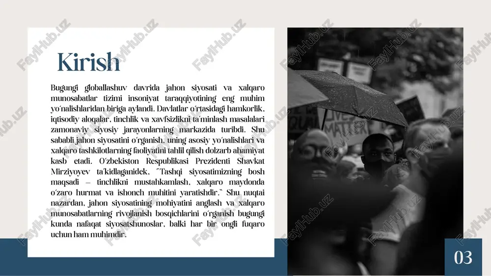 ing asosiy yo‘nalishlariga aylandi. bugungi kunda xalqaro munosabatlar ko‘p qutbli dunyo tamoyiliga asoslanib, yirik davlatlar, xalqaro tashkilotlar va mintaqaviy ittifoqlar o‘rtasidagi hamkorlikni rivojlantirmoqda. shu jarayonda o‘zbekiston ham mintaqaviy barqarorlik, tinchlik va o‘zaro ishonchni mustahkamlash yo‘lida faol siyosat yuritmoqda. 3. global siyosiy jarayonlarda xalqaro tashkilotlarning o‘rni 09 zamonaviy jahon siyosatida xalqaro tashkilotlar global tinchlik, xavfsizlik va hamkorlikni ta’minlashda muhim o‘rin egallaydi. ular davlatlar o‘rtasidagi siyosiy, iqtisodiy, ijtimoiy va gumanitar masalalarni muvofiqlashtiruvchi kuch sifatida faoliyat yuritadi. xalqaro tashkilotlarning asosiy vazifasi — davlatlar o‘rtasidagi nizolarni bartaraf etish, inson huquqlarini himoya qilish, barqaror taraqqiyotga erishish hamda global muammolarni hal etishda yagona yondashuvni shakllantirishdir. shuningdek, ular diplomatik muloqotni kuchaytirish va davlatlar o‘rtasida o‘zaro ishonch muhitini yaratishga xizmat qiladi. 10 eng yirik xalqaro tashkilotlardan biri — birlashgan millatlar tashkiloti (bmt) bo‘lib, u tinchlikni saqlash, xalqaro xavfsizlikni ta’minlash va inson huquqlarini himoya qilishda markaziy rol o‘ynaydi. yevropa ittifoqi (yi) esa yevropadagi siyosiy va iqtisodiy integratsiyaning namunasi bo‘lsa, …