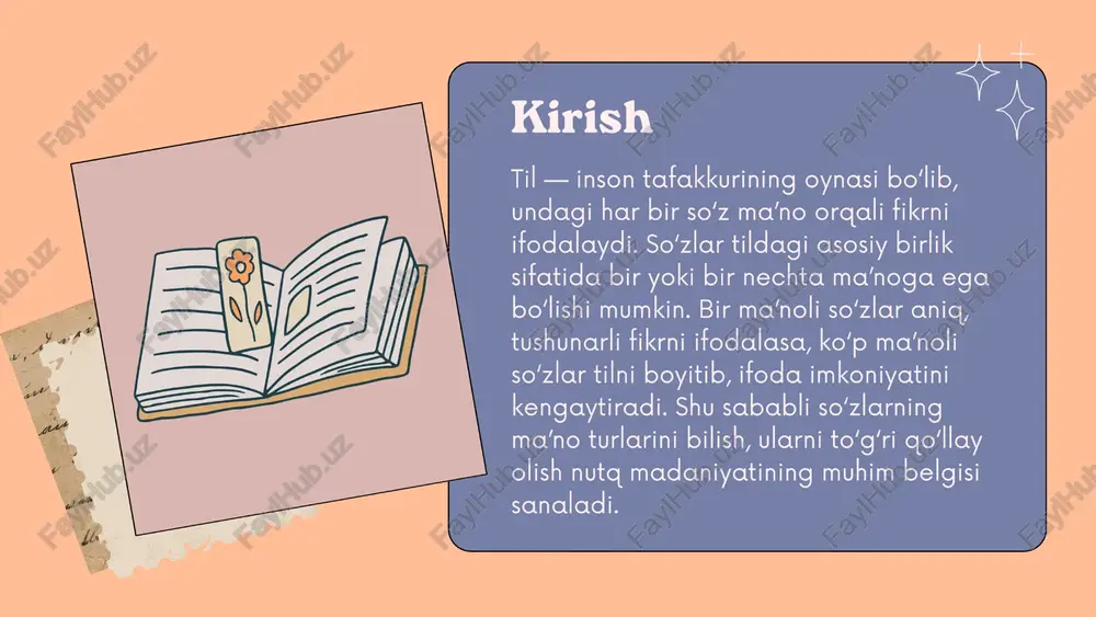 diametr” kabi terminlar faqat bitta ma'noda ishlatilgani uchun ularni noto’g’ri tushunish ehtimoli bo‘lmaydi. shu bois, bir ma'noli so’zlar ilmiy itoda madaniyatining poydevori hisoblanadi. bir ma’noli so’zlar, ayniasa, ilmiy, huquaqiy va a texnik sohalarda alohida ahamiyatga ega. tilning boyligi va itoda imkoniyatidan to’g’ri toydalanish uchun har bir so‘zning ma’nosini to’g’ri anglash muhimdir. so’z ma‘nolarini noto’g’ri tushunish nutqda xatolarga, tikrning noto’g’ri yetkazilishiga olib keladi. shu sababii, bir va ko’p ma’noli so’zlarni o’rganish, ularning tarqini bilish til madaniyatining zarur tarkibiy qismidir. so'z ma’nosini to’g’ri tanlash inson nutqini boy, aniq va itodali qiladi. ww; a; — xulosa xulosa qilib aytganda, so’zlarning bir yoki ko’p ma’nolilik xususiyati til boyligining asosiy belgilaridan biridir. bir ma’‘noli so’zlar ilmiy va rasmiy nutqda aniqlikni ta’minlasa, ko’p ma’noli_ so’zlar_ tilning ifodaviyligi va go’zalligini oshiradi. har ikkisi ham tilda o’z o’rniga ega bo'lib, fikrni to’g’ri va ta’sirli ifodalashda muhim ahamiyat kasb etadi. so’z ma’‘nolarini chuqur anglash va_ to’g’ri gqo’llash nutq madaniyatini …