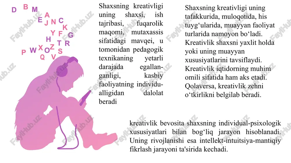 iyligi (qisqa muddatli, o‘rta muddatli, uzoq muddatli); 04 ijod qamrovi (bilim sohasi, tarmoqlararo, milliy, mintaqaviy, mintaqalararo, xalqaro); 03 o‘quvchilarda kreativ kompetentlik faoliyatini quyidagicha belgilariga ko‘ra tasniflash mumkin: ijodning shakli (innovatsion, ta’limiy, investitsion, aralash); 05 umumiy jihatlariga ko‘ra (yangi g‘oyalarni hayotga tadbiq etish; printsipial jihatdan yangi yechimlarni ilgari surish; yangilikni amaliy qo‘llash); 06 yaratilgan ijod mahsulini ma'nosi va murakkabligiga ko‘ra (ratsionalizatorlik taklifi; ixtiro; kashfiyot). 04 tahlillar o‘quvchining ijodkorligi uning masalalar yechishi, insho yozishi, tajriba ishlari, o‘quv topshiriqlarini bajarishi bilan bog‘liq muammoli vaziyatlarda mustaqil fikrlashi bilan namoyon bo‘lishini ko‘rsatdi. o‘quvchining ijodi - o‘zlashtirilgan bilimlarni amaliyotdagi dalil va hodisalarga bog‘lay olishi, olingan natijalarni to‘g‘ri baholab, tahlil qilishi, avvalgi egallanganlari bilan umumlashtira olishidir. o‘quvchilar kreativ kompetentlikini rivojlantirishning didaktik shart-sharoitlari quyidagilarga asoslanadi nazariy bilimlarning amaliy ko‘nikma va malakalarga o‘tib borishi ustuvorligi; ta'limiy, tarbiyaviy hamda rivojlantiruvchi muhitning birligi; ta'lim olish hamda ijodiy faoliyatga bo‘lgan ijobiy motivatsiyani rag‘batlantirish; muammolilik; individual hamda differentsial yondoshuvlarning uyg‘unligi; ta'lim shaxs faolligini …