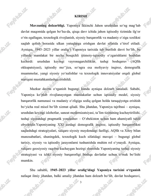 oniyati tug‘iladi. bu mavzu o‘zbekiston uchun ham dolzarb, chunki yaponiya bilan iqtisodiy va madaniy aloqalar kengaymoqda va ularning tajribasi milliy rivojlanish strategiyalarimiz uchun muhim saboq bo‘lishi mumkin. ishning maqsadi — 1945–2023 yillar oralig‘ida yaponiya tarixining asosiy bosqichlarini tahlil qilish, urushdan keyingi tiklanish, siyosiy va iqtisodiy taraqqiyot, tashqi siyosatdagi o‘zgarishlar va zamonaviy muammolarni ilmiy yondashuvda yoritishdan iborat. vazifalari: · 1945–1952 yillarda aqsh nazorati davridagi islohotlar mazmunini aniqlash; · 1950–1980-yillarda yaponiyaning "iqtisodiy mo‘’jizasi" sabablari va oqibatlarini tahlil qilish; · 1990-yillardagi iqtisodiy tanazzul va uning siyosiy ijtimoiy oqibatlarini ko‘rsatish; · xxi asrdagi yaponiya tashqi siyosati va texnologik yutuqlari bilan tanishtirish; · yaponiyaning demografik inqirozi, xalqaro mavqei va modern muammolarini o‘rganish. obyekt: 1945–2023 yillar oralig‘idagi yaponiya davlati va jamiyati. predmet: urushdan keyingi islohotlar, iqtisodiy-siyosiy tizimlar, tashqi siyosat, demografik va madaniy jarayonlar. mavzuning o‘rganilganlik darajasi.yaponiyaning urushdan keyingi tarixi dunyo tarixchilari tomonidan keng o‘rganilgan. robert edgerton, chalmers johnson, ezra vogel kabi olimlar yaponiya iqtisodiy mo‘’jizasini tahlil …