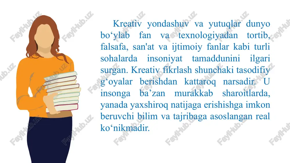 ham zarur bo‘ladi. kreativlik - layoqat, jarayon va muhit o‘rtasidagi o‘zaro munosabat bo‘lib, u orqali shaxs yoki guruh ushbu ijtimoiy kontekst uchun ham yangi, ham foydali bo‘lgan salmoqli mahsulotni yaratishidir. tug‘ma talantning ahamiyatini kamaytirish hamda takomillashtirish mumkin bo‘lgan shaxsning kreativ fikrlash qobiliyatiga ko‘proq urg‘u berish maqsadida pisa tadqiqoti kreativ fikrlash yo‘nalishining baholashi mana shu kichik kreativlik bilan bog‘liq vazifalarga asosiy e'tiborni qaratadi. kreativ fikrlashning bu turi nafaqat insho yozish yoki rasm chizish kabi asosan ichki dunyoni aks ettirish talab qilinadigan ta'lim kontekstiga, balki g‘oya berish masalalarini tahlil etish, jamiyatdagi muammolarni hal etishga aloqador bo‘lgan kengroq sohalarga ham taalluqlidir. 01 kundalik, ta'limga oid san'atga oid sohalar harakatga oid ilm-fanga oid 02 03 04 tadqiqotchilar tomonidan kreativ yondashuvning quyidagi domenlari sanab o‘tilgan: har qanday shaxsning ijodiy faolligi uchun to‘rt zaruriy qismi sanab o‘tiladi: kreativlikka bog‘liq jarayonlar vazifa borasidagi ishtiyoq (motivatsiya mos, qulay sharoit sohaga bog‘liq qobiliyatlar quyidagi ko‘rsatkichlar o‘quvchilarda kreativlik kompetentlikni shakllantirish …