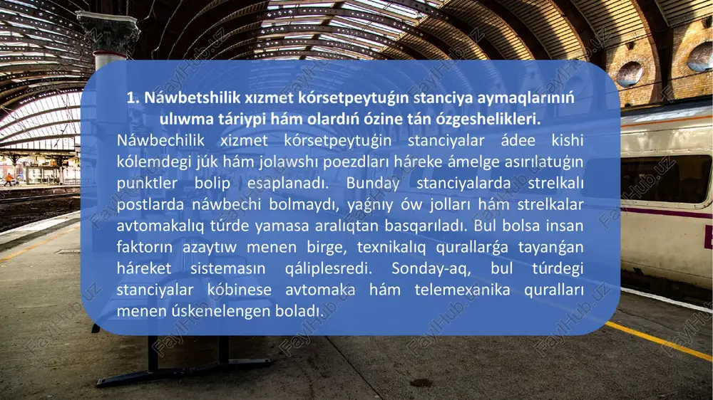yamasa joldı ózgertiw tek ǵana avtomatikalıq sistemalar yamasa aralıqtan basqarılatuǵın strelkalar arqalı ámelge asırıladı. hár qanday nadurıs buyrıq yamasa signaldıń buzılıwı úlken avariya qáwpin tuwdırıwı múmkin. manevr processlerinde qatnasıp atırǵan xızmetkerler arasındaǵı baylanıs radio signallar, portativ baylanıs quralları yamasa avtomat eskertiw sistemaları arqalı ámelge asırıladı. hár bir buyrıq anıq hám qısqa formada beriliwi kerek. buyrıqtı qabıl etken shaxs onı tolıq tákirarlap, tastıyıqlawı kerek - bul bolsa nadurıs túsiniwdiń aldın aladı. sonday-aq, háreket bagdarları hám strelka jagdayları hár bir manyovr aldınan tekserip shigıladı. bunday stanciyalarda manevr jumısların shólkemlestiriwdiń ózine tánligi sonda, barlıq háreketler aldınnan tastıyıqlanǵan grafik yamasa planga muwapıq ámelge asırıladı. hár bir lokomotivtiń jónelisi, toqtaw ornı, háreket tezligi hám waqıt aralıǵı anıq belgilenedi. dispetcher hár bir ózgeristi dizimge alıp, stanciya aymaǵında júz berip atırǵan processti tolıq qadaǵalawda uslap turadı. usı arqalı háreket qáwipsizligi hám nátiyjeliligi támiyinlenedi. 3. manyovr isleri procesinde qáwipsizlikti támiyinlew hám qadaǵalaw. manevr jumısları procesinde qáwipsizlikti támiyinlew temir …
