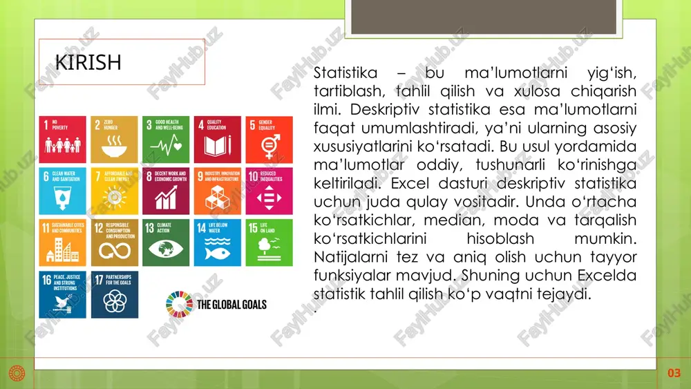 median chet qiymatlarga sezgir emas. shu sababli, notekis taqsimotlarda median ko‘proq foydali hisoblanadi. masalan, odamlarning daromadini hisoblashda median aniqroq natija beradi. moda (mode) moda – ma’lumotlar to‘plamida eng ko‘p uchraydigan qiymatdir. bu ko‘rsatkich ayniqsa sifatli ma’lumotlarni tahlil qilishda foydalidir. masalan, eng ko‘p sotilgan kiyim o‘lchami moda hisoblanadi. excelda moda =mode.sngl() yoki =mode.mult() yordamida hisoblanadi. bir nechta moda bo‘lishi ham mumkin. moda yordamida qaysi qiymatlar ko‘p takrorlanishi aniqlanadi. bu natija marketing va biznes qarorlarida qo‘l keladi. diapazon (range) diapazon – eng katta va eng kichik qiymatlar farqi. bu ko‘rsatkich ma’lumotlarning qanchalik yoyilganini bildiradi. masalan, eng yuqori va eng past baho farqi diapazon hisoblanadi. excelda =max()-min() orqali hisoblanadi. diapazon juda sodda tarqalish ko‘rsatkichi hisoblanadi. ammo u faqat ikki qiymatga asoslanadi. shuning uchun doim ham to‘liq tasavvur bermaydi. dispersiya (variance) dispersiya – ma’lumotlarning o‘rtacha qiymatdan qanchalik farqlanishini ko‘rsatadi. agar dispersiya katta bo‘lsa, qiymatlar o‘rtachadan uzoq joylashgan bo‘ladi. kichik bo‘lsa, qiymatlar o‘rtachaga yaqin bo‘ladi. …