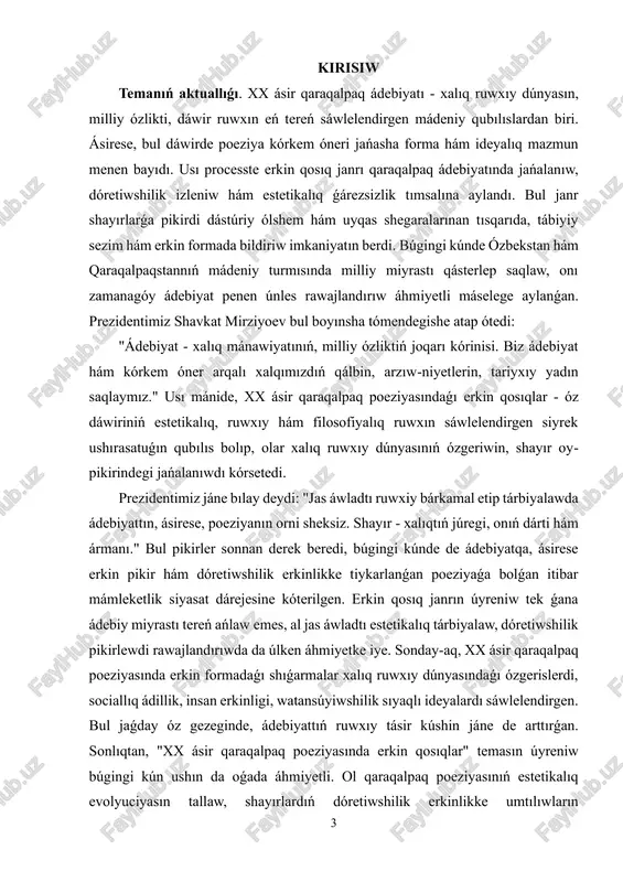 inde erkin formanıń ornı hám áhmiyetin kórsetiw; 5. házirgi qaraqalpaq ádebiyatında erkin qosıqtıń estetikalıq izleniwleri hám jańa baǵdarların anıqlaw; 6. erkin qosıqlardıń házirgi ádebiy processtegi áhmiyetin, jas dóretiwshiler ushın úlgi sıpatındaǵı rolin tiykarlap beriw. kurs jumısınıń izertleniw dárejesi: xx ásir qaraqalpaq poeziyası, atap aytqanda onıń erkin qosıq janrı hár qıylı dáwirlerde bir qatar ilimpaz hám ádebiyattanıwshılar tárepinen izertlengen. bul tema qaraqalpaq ádebiyatınıń forma hám mazmun jańalanıw processlerin úyreniwde ayrıqsha orın iyeleydi. bárinen burın, qaraqalpaq poeziyasınıń ulıwma rawajlanıw basqıshları haqqında t. jumaniyazov, a. berdimuratov, j. qurbanov, q. saparniyazov sıyaqlı ilimpazlardıń ilimiy izlenisleri úlken áhmiyetke iye. jumaniyazov t. óziniń "qaraqalpaq poeziyası 5 tariyxı" (1990) miynetinde xx ásir basındaǵı poeziyalıq process, shayırlar dóretiwshiligindegi jańalanıw ruwxın jarıtqan. sonday-aq, a. berdimuratovtıń "qaraqalpaq poeziyasında janr sisteması" (2015) atlı izertlewinde erkin formadaǵı qosıqlar, olardıń ırǵaqlı hám sintaksislik qurılısı tallanǵan. ol óz miynetinde erkin qosıqlardı "poeziyalıq oy-pikirdiń jańalanıw basqıshı" sıpatında bahalaydı. ádebiyattanıwshı j. qurbanov "zamanagóy qaraqalpaq ádebiyatı" (2005) …