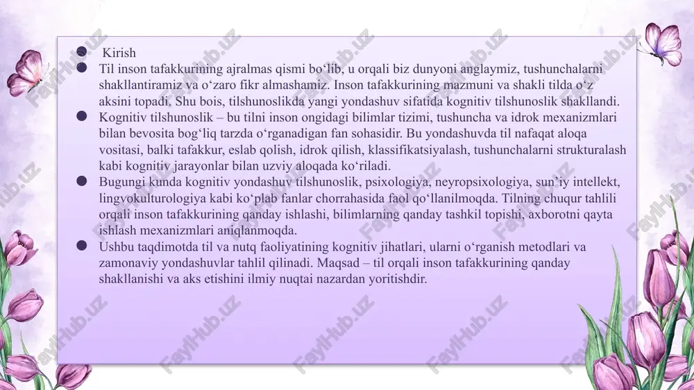 samolyotda ketayotgandek his etadi. bunday bemorlar metroning eskalatoridan tusha olmaydilar. bizning nazoratda turgan bemor tunda uxlab yotganida, xuddi zilzila bo‘lgandek tez-tez seskanib uyg‘onib ketishini aytgan edi. ba’zan psixogen bo‘g‘ilishlar xuruji to‘satdan, qattiq qo‘rquvdan so‘ng boshlanadi. bu voqea 1998 yili ro‘y bergan. men o‘sha paytlari gipnoz usullarini o‘rganib yurardim. bizning institutda o‘qiydigan talabalardan biri kechqurun derazaga qarab yotib qorong‘ida nimaningdir aksini ko‘radi va qo‘rqib ketadi. kognitiv tadqiqot usullari kognitiv tilshunoslikda til va tafakkur o‘rtasidagi munosabatni chuqur o‘rganish uchun turli fanlar chorrahasida shakllangan zamonaviy metod va texnologiyalardan foydalaniladi. bu tadqiqot usullari nafaqat nazariy tahlilga, balki real tajriba va kuzatuvlarga ham asoslanadi. quyida kognitiv tilshunoslikda keng qo‘llaniladigan asosiy tadqiqot usullari bayon etiladi: 🔹 1. psixolingvistik eksperimentlar tilni qabul qilish va ishlab chiqishdagi kognitiv jarayonlarni o‘rganish uchun maxsus laboratoriyalarda eksperimentlar o‘tkaziladi. misol uchun: so‘z tanishlik testi (lexical decision task) reaksiyaviy vaqt o‘lchovi (reaction time) gap tuzish va tushunishdagi xatoliklarni tahlil qilish neyrofiziologik usullar (eeg, …