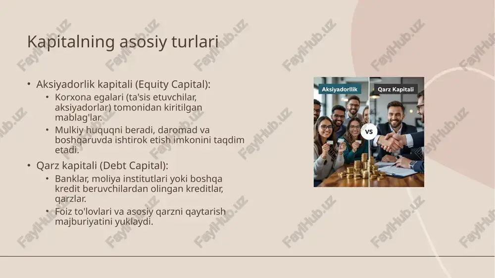 ital management) aylanma kapital - korxonaning qisqa muddatli aktivlari (naqd pul, inventar, debitorlik qarzlari) va qisqa muddatli majburiyatlari (kreditorlik qarzlari, qisqa muddatli kreditlar) o'rtasidagi farq. optimallashtirish maqsadlari: likvidlikni ta'minlash (qarz majburiyatlarini o'z vaqtida bajarish). kapital samaradorligini oshirish (ortiqcha inventar va zaxiralarni kamaytirish). aylanma kapitalni samarali boshqarish korxona kunlik operatsiyalarining uzluksizligini kafolatlaydi. uzoq muddatli moliyaviy strategiyalar korxonaning uzoq muddatli rivojlanish maqsadlariga erishish uchun zarur bo'lgan kapitalni aniqlash va jalb qilish. asosiy strategik yo'nalishlar: investitsion strategiya (yangi loyihalar, texnologiyalar). kapital tarkibini optimallashtirish (aksiyadorlik va qarz kapitali nisbati). moliya bozorlarida faol ishtirok etish (fond birjalari, emissiyalar). doimiy ravishda bozor tendensiyalarini kuzatish va strategiyani moslashtirish muhim. qisqa muddatli moliyaviy operatsiyalar kunlik operatsion faoliyatni ta'minlash uchun zarur bo'lgan tezkor moliyaviy vositalar. asosiy shakllari: bank kreditlari (kredit liniyalari, overdraftlar). faktoring va eskont operatsiyalari. mavsumiy ehtiyojlarni qoplash uchun qisqa muddatli qarzlar. bu operatsiyalar korxonaning likvidligini va operatsion samaradorligini ta'minlaydi. moliyaviy risklar va ularni boshqarish moliyaviy risk - …