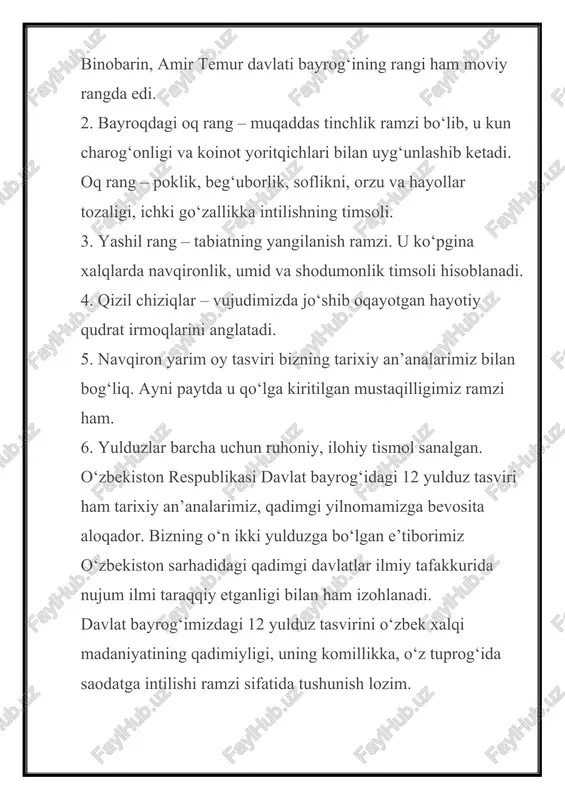 bu esa yurt osmoni doimo tinch ,' osoyishda va mussaffo boʻlishini bildiradi . oq rang esa bayroqning oʻrta qismida joylashgan bo'lib, uning ma'nosi ko'ngil pokligi yurt obodligi nishonasidir. bayroqni quyi qismida yashil rang hilpirab turadi bu degani yangilanish , shodumonlik , navqironlik ramzi hisoblanadi. ikki qizil chiziq havorang va yashil ranglar oʻrtasida joylashgan boʻlib bu tomirlarimizda oqayotgan ajdodlar qonini bildradi. bayroqning yuqori qismidagi yarim oy va oʻn ikki yulduz oʻzbek xalqining birdamliligi va qadimdan barpo boʻlgan davlatchiligi ramzlaridan hisoblanadi. image1.jpeg image2.png ek 330 soi