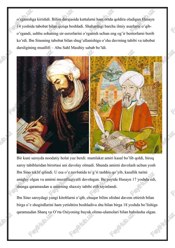 chaqiruvlar olim va shoirlarni qatl qilish uchun uyushtirilar edi. o’lim daragini sezgan ikki tabib qochishga qaror qildilar. ular cho’ldan yurib borar ekanlar, qum bo’roniga duch kelib qoldilar, yo’ldan adashib, suv va ovqatsiz qoldilar. keksa yoshdagi masihiy bunday og’ir sharoitga bardosh bera olmay vafot etdi, ibn sino esa bu qiyin sharoitni yengib o’ta oldi. u uzoq yillar davomida jahldor sulton qahridan qochib, berkinib yurdi, ismini o’zgartirib, ishini davom ettirdi va kitoblar yozdi. image5.jpeg image1.jpeg image2.jpeg image3.jpeg image4.jpeg