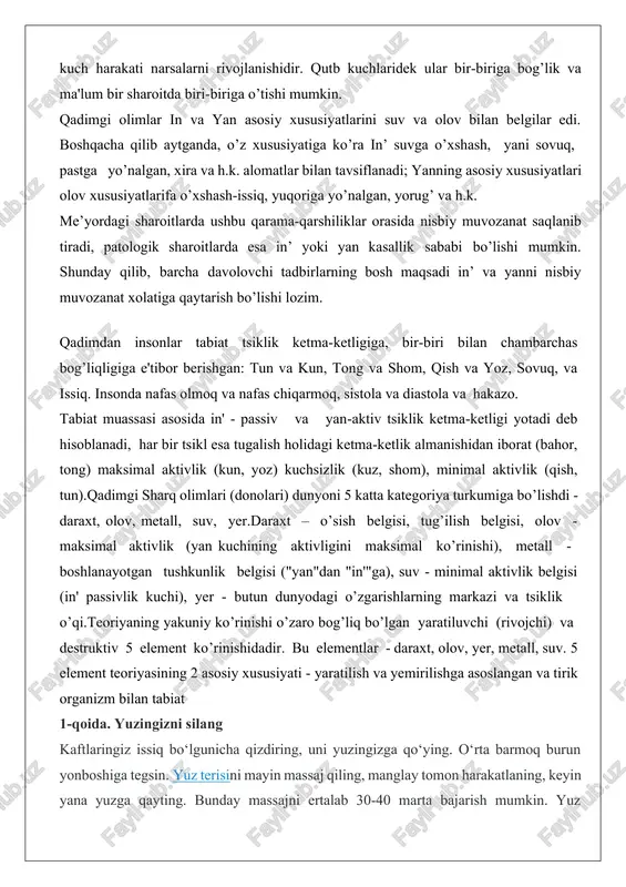 irilishga asoslangan va tirik organizm bilan tabiat 1-qoida. yuzingizni silang kaftlaringiz issiq bo‘lgunicha qizdiring, uni yuzingizga qo‘ying. o‘rta barmoq burun yonboshiga tegsin. yuz terisini mayin massaj qiling, manglay tomon harakatlaning, keyin yana yuzga qayting. bunday massajni ertalab 30-40 marta bajarish mumkin. yuz nuqtalarini massaj qilish qon bosimini me’yorlashtiradi, miya ishini faollashtiradi va ajinlarni ketkazishga yordam beradi. 2-qoida. sochingizni tarang buni qo‘lda yoki massaj tarog‘i yordamida amalga oshirishingiz mumkin. har kuni sochni ildizidan uchigacha 100 marta tarash lozim. harakatlaringizda yengillik va yumshoqlik sezilsin. bunday mashq bosh nuqtalarini massaj qilish natijasida og‘riq qoldiruvchi ta’sir ko‘rsatadi, stressni kamaytiradi. qon aylanishini yaxshilab, bosimni me’yorlashtiradi. mashqni ertalab bajargan maqsadga muvofiq. 3-qoida. ko‘zlar bilan mashq qiling ko‘zingizni qattiq yoping va tezlik bilan oching. navbatma-navbat ko‘z olmalarini aylantiring: o‘ngdan-chapga (14 marta), chapdan-o‘ngga (14 marta). bu mashq ko‘rish qobiliyatini yaxshilash bilan birga, jigarga ham foydali. 4-qoida. qulog‘ingizni massaj qiling quloqlaringizni qo‘l, to‘g‘rirog‘i kaftingiz bilan o‘rab oling va 12 …