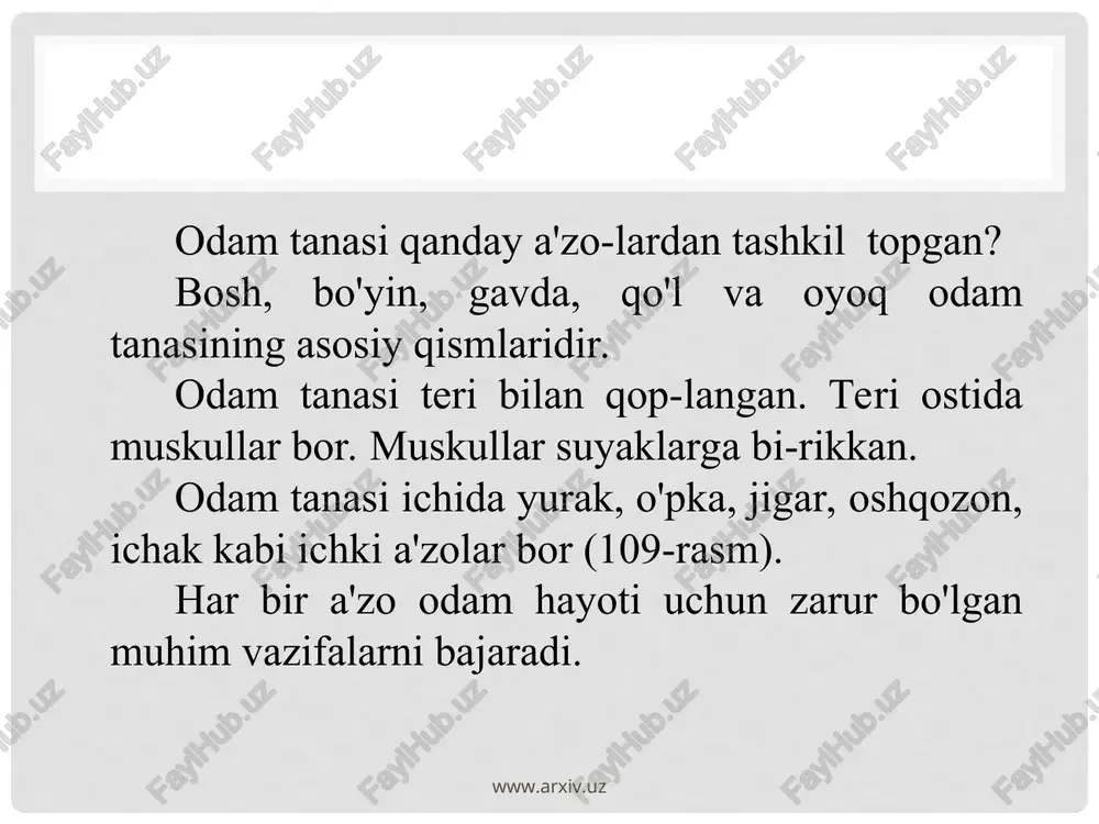 r mollyuskalar va baʼzi jonivorlarda skelet va ximoya elementi vazifasini bajaradi. epiteliy hujayralari sitoplazmasining qisman oʻzgarishi boʻgʻimoyoqlilar skeleti va parazit chuvalchanglar kutikulasini, yaʼni kimyoviy va mexanik himoya organini hosil qiladi. www.arxiv.uz www.arxiv.uz odam skeleti www.arxiv.uz www.arxiv.uz skelet (lot. skeletos — qurib qolgan) —odam va hayvonlar organizmida tayanch va himoya funksiyasini bajaradigan qattiq toʻqimalar majmui. bir qancha umurtqasiz hayvonlarda chigʻanoq yoki kutikuladan iborat tashki s. rivojlangan. tashqi kutikula s. chuvalchanglar va boʻgʻimoyoqlilar uchun xos. boʻgʻimoyoklilar kutikula siga ohak shimilgan. gidroid poliplar koloniyasi umumiy s. — perisark bilan qoplangan. tropik dengizlarda keng tarkalgan madrepor korallarning ohak si ham tashqi hisoblanadi. ichki s. gʻovaktanlilarda rivojlangan boʻlib, ohak yoki kremniy ninalardan iborat. www.arxiv.uz www.arxiv.uz www.arxiv.uz www.arxiv.uz ignaterililar si teri osti biriktiruvchi toʻqimasida joylashgan, ohak s. mezodermada hosil boʻladi. boshoyoqli mollyuskalaroa bosh miyani himoya qilib turadigan ichki togʻay s. mavjud. tuban xordalilar (bosh qutisizlar)ning ichki si xordadan tashkil topgan. umurtkalilarning ichki si juda murakkab tuzilgan …