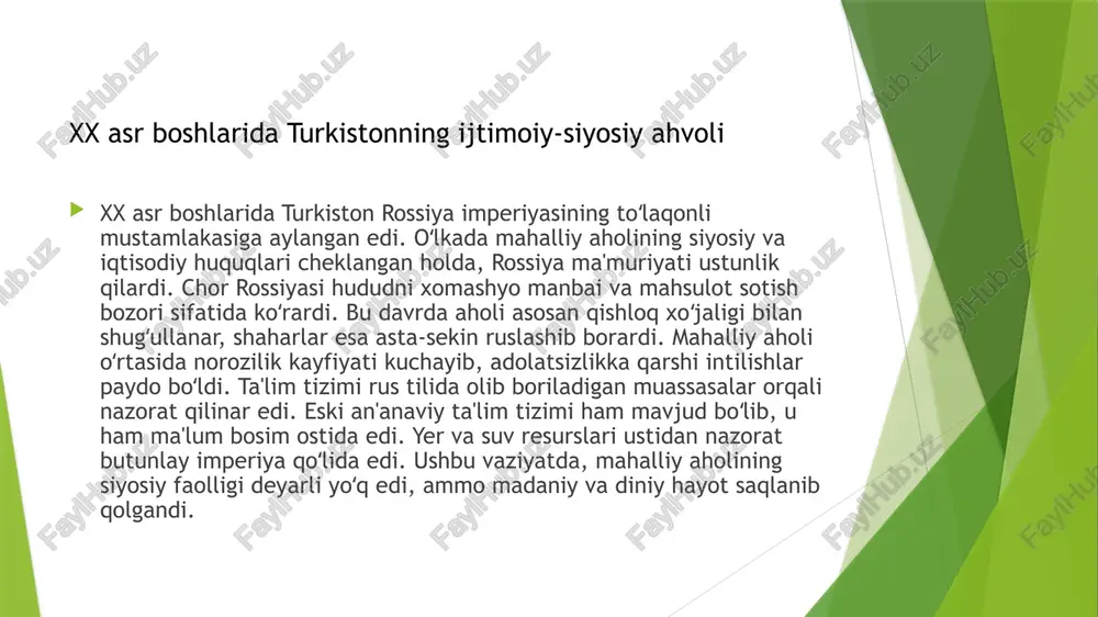 ega emas edilar. soliq yuklari mahalliy aholi zimmasiga ogʻir tushardi. erkinlik va oʻz taqdirini oʻzi belgilash huquqi deyarli mavjud emas edi. bu holat mahalliy xalqning noroziligini yanada kuchaytirdi va turli milliy ozodlik harakatlarining paydo boʻlishiga zamin yaratdi. ma'muriy boshqaruv va mahalliy aholining huquqsizligi rossiya imperiyasining mustamlakachilik siyosati madaniy va ma'rifiy sohalarda ham oʻz aksini topdi. mahalliy ta'lim tizimi, asosan maktab va madrasalar, chor hukumati nazorati ostiga olindi. yangi rus-tuzem maktablari ochilib, ularda rus tili va madaniyati targʻib qilindi. bu maktablarning maqsadi mahalliy aholi orasida rossiya hukmronligiga sadoqatli kadrlar tayyorlash edi. arab alifbosi cheklanib, asta-sekin rus alifbosiga oʻtishga urinishlar boʻldi. mahalliy til va adabiyot rivojlanishiga toʻsiqlar yaratildi. tarixiy yodgorliklar va madaniy merosga e'tiborsizlik, ba'zan esa ularni buzish holatlari kuzatildi. ruslashtirish siyosati, mahalliy xalqlarning oʻziga xos madaniyatini yoʻq qilishga qaratilgan edi. bu siyosat mahalliy ziyolilar va ma'rifatparvarlar tomonidan qattiq qoralandi, natijada jadidchilik harakati yuzaga keldi. madaniy-ma'rifiy sohadagi cheklovlar va ruslashtirish siyosati rossiya …