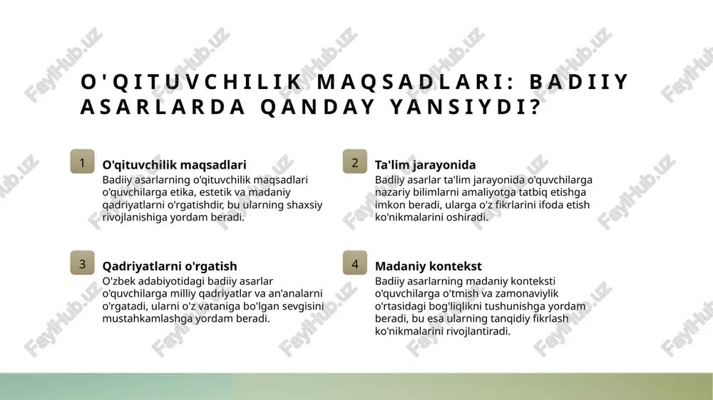 a hissiy va intellektual rivojlanishni ta'minlaydi, ularning dunyoqarashini kengaytiradi va muammolarni hal etish ko‘nikmalarini oshiradi. ko‘nikmalarni rivojlantirish didaktik elementlar o‘quvchilarga tahlil qilish, baholash va yaratish ko‘nikmalarini rivojlantirishga yordam beradi. badiiy asarlarni o‘rganish ijodkorlikni rag‘batlantiradi. madaniy ta’sir o‘zbek adabiyotidagi badiiy matnlar o‘quvchilarga o‘z xalqining madaniyatini, an’analarini va tarixini tushunishga yordam beradi, ularni milliy ruhda tarbiyalaydi. o‘zbek adabiyotida madaniyat va ta'lim o‘rtasidagi o‘zaro bog‘liqlik. madaniyat va ta'lim o‘zbek adabiyotida madaniyat va ta'lim o‘rtasidagi bog‘liqlik, milliy qadriyatlar va an'analarni o‘quv jarayonida aks ettiradi. adabiyot va tarbiya adabiyot, tarbiyaviy ahamiyatga ega bo‘lib, yosh avlodni shakllantirishda madaniy merosni saqlash va rivojlantirishga xizmat qiladi. o‘quvchilar va madaniyat o‘quvchilarga o‘zbek adabiyotidagi madaniy elementlar orqali milliy identitetni anglash, tarixiy tajribalarni o‘rganish imkonini beradi. badiiy matnlardagi madaniy elementlar: o‘zbek xalqining qiyofasi. o'zbek madaniyati o'zbek madaniyati badiiy matnlarda o'ziga xos an'ana va qadriyatlarni namoyon qiladi, bu esa o'quvchilarga milliy merosni tanitishga yordam beradi. adabiyot va urf-odat adabiyotda o'zbek xalqining urf-odatlari …